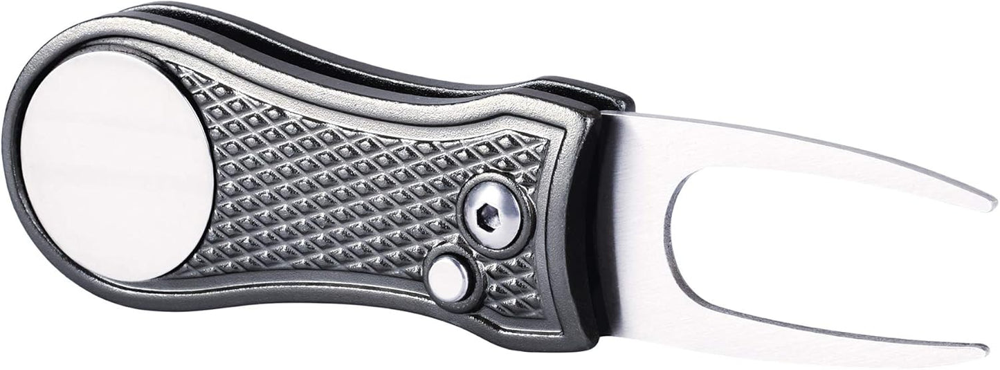 Mile High Life Golf Divot Repair Tool, All Metal Foldable Divot Tool with Pop-up Button & Magnetic Ball Marker