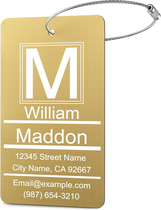 Luggage Tag for Suitcase - Personalized Engraved Metal Tag for Cruise Travel - Custom Name Tags Suitable for Bags and Backpacks (Gold)