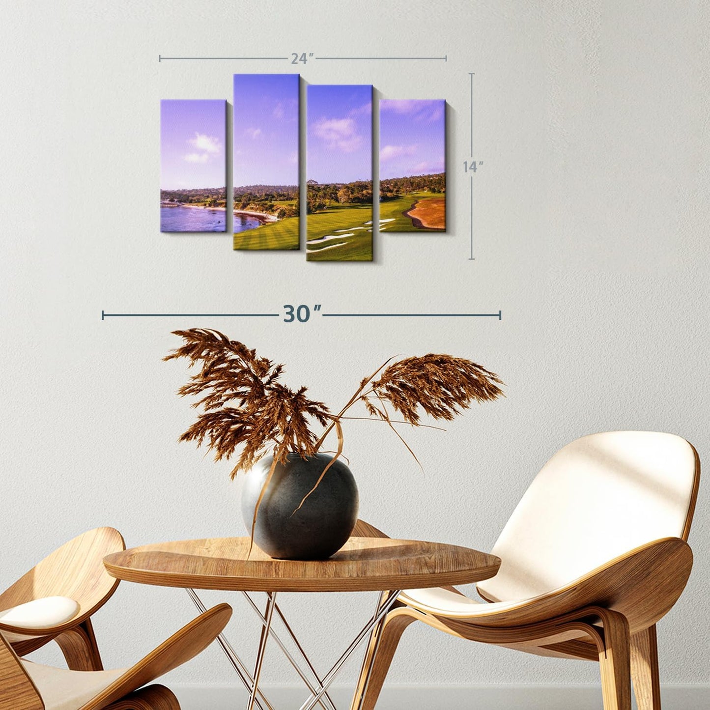 Elephant Stock Coastline Green Golf Course Wall Art - Horizontal Canvas - 4-Piece Living Room Wall Decor - Photography Sports Canvas Print - Blue and Gray Decor for Wall - 24" X 14"