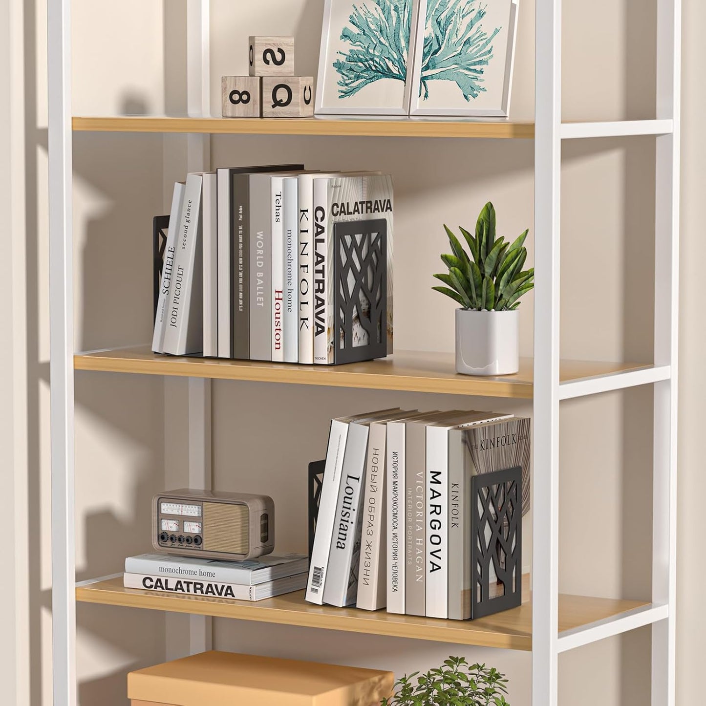 VFINE 4-Piece Modern Metal Bookends for Shelves, Black Tree Book Ends for Books, Decorative Book Organizer for Desk, Non-Skid Shelve Bookends for Home Office