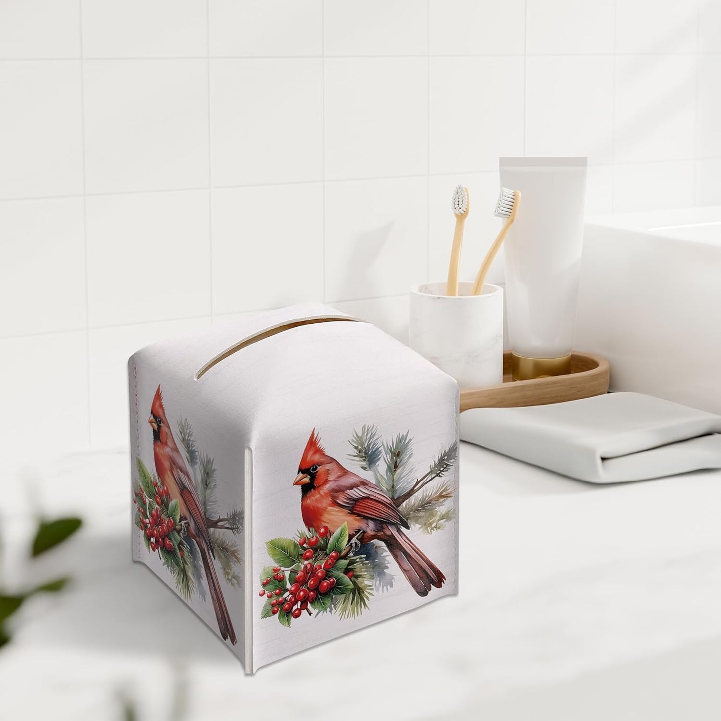 Christmas Tissue Box Holder, Christmas Cardinal Leather Tissue Box Cover Square with Bottom Belt, Paper Facial Decorative Tissues Cover for Night Stands Bathroom Office Home Decor-B11