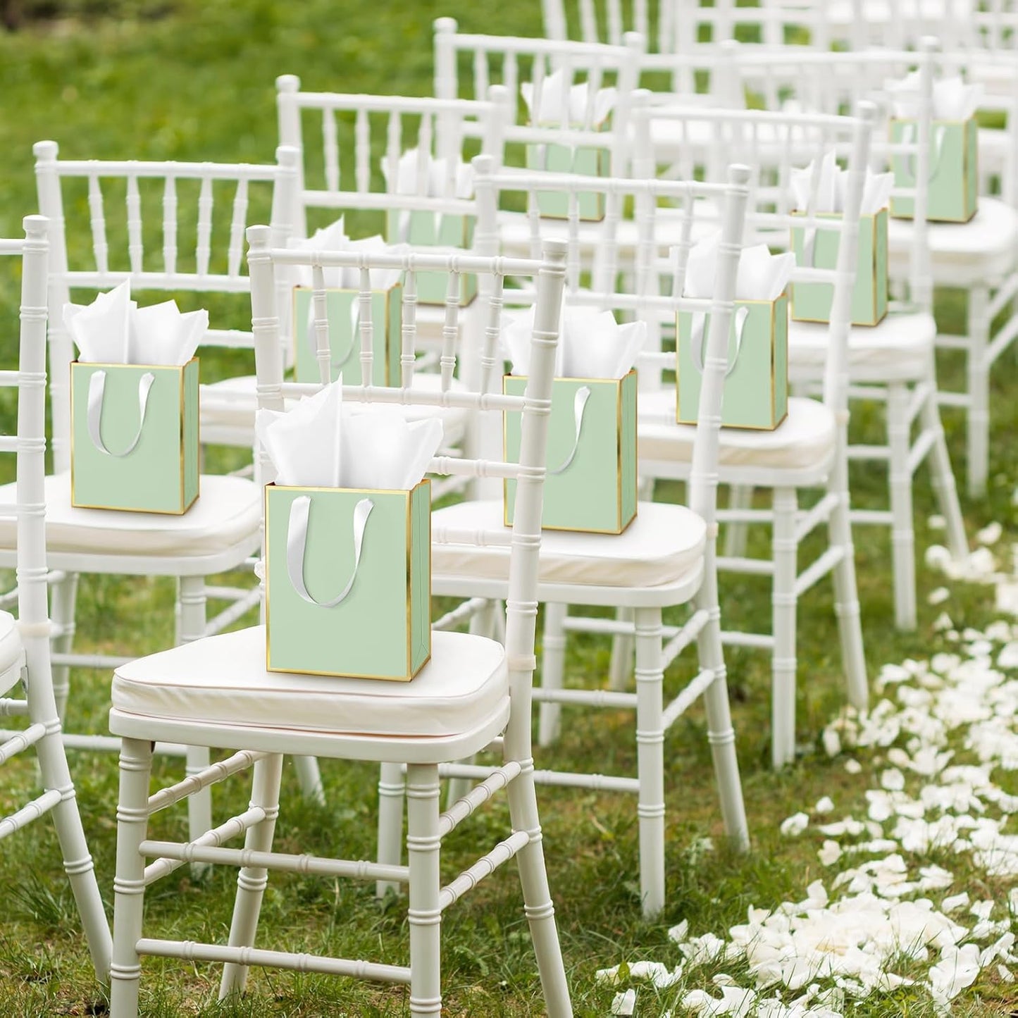 Yeaqee 24 Pack Metallic Paper Gift Bags with Handle and Tissue 9x7x3.1 Gold Foil Welcome Favor Bags Return Gifts for Wedding Fall 5 Senses Christmas Bridesmaid Birthday(Sage Green, Gold)