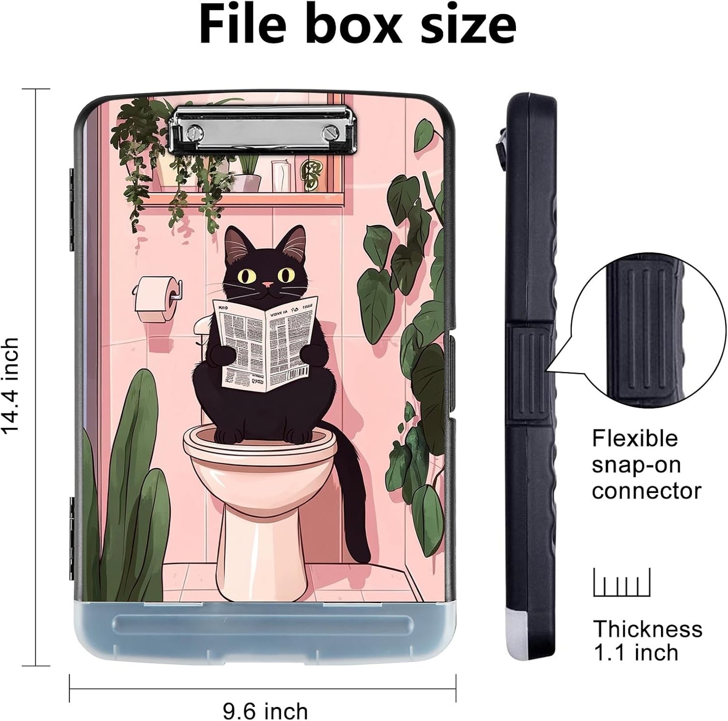 Clipboard with Storage - Large Capacity,Nursing Clipboard with Pen Holder,Heavy Duty,Plastic Side-Opening Folder for Teacher,Nurse - Black Cat on Toilet