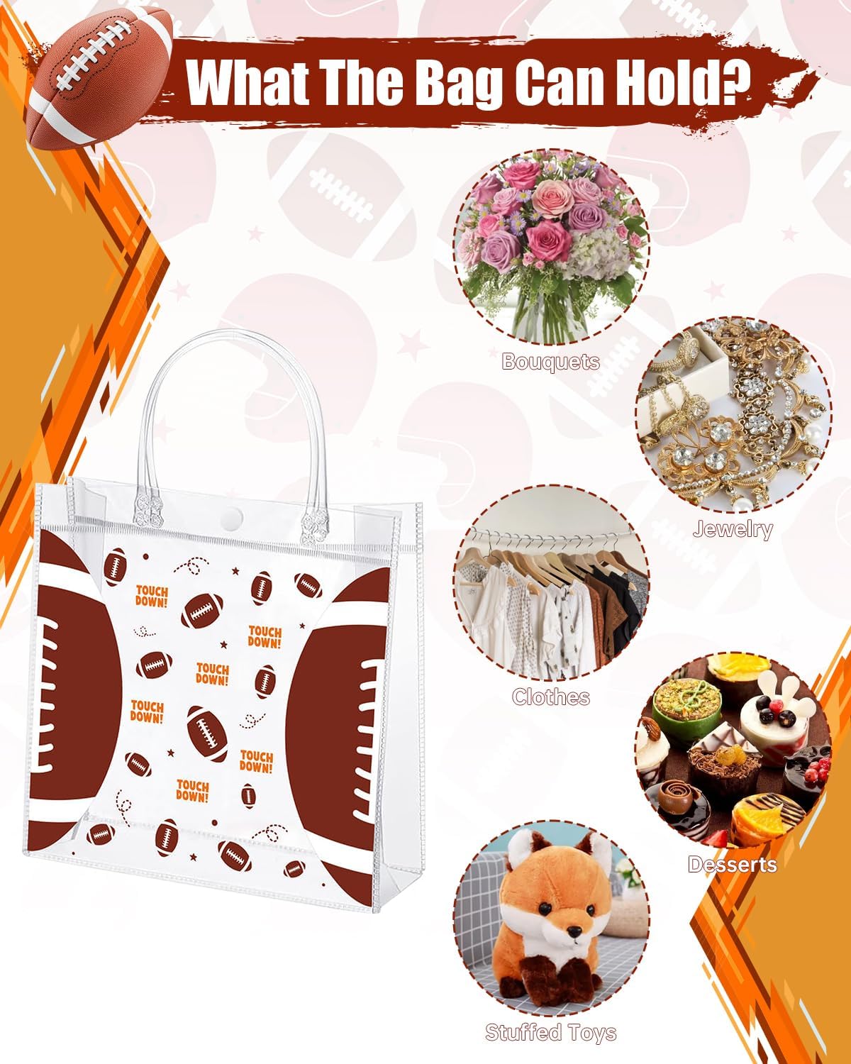 Clear Football Favor Bags with Handles - 24 Pack Football Gift Bags, Transparent PVC Goodie Bags for Sports Theme Birthday Holiday Team Events (8 x 8 x 3.2Inch)
