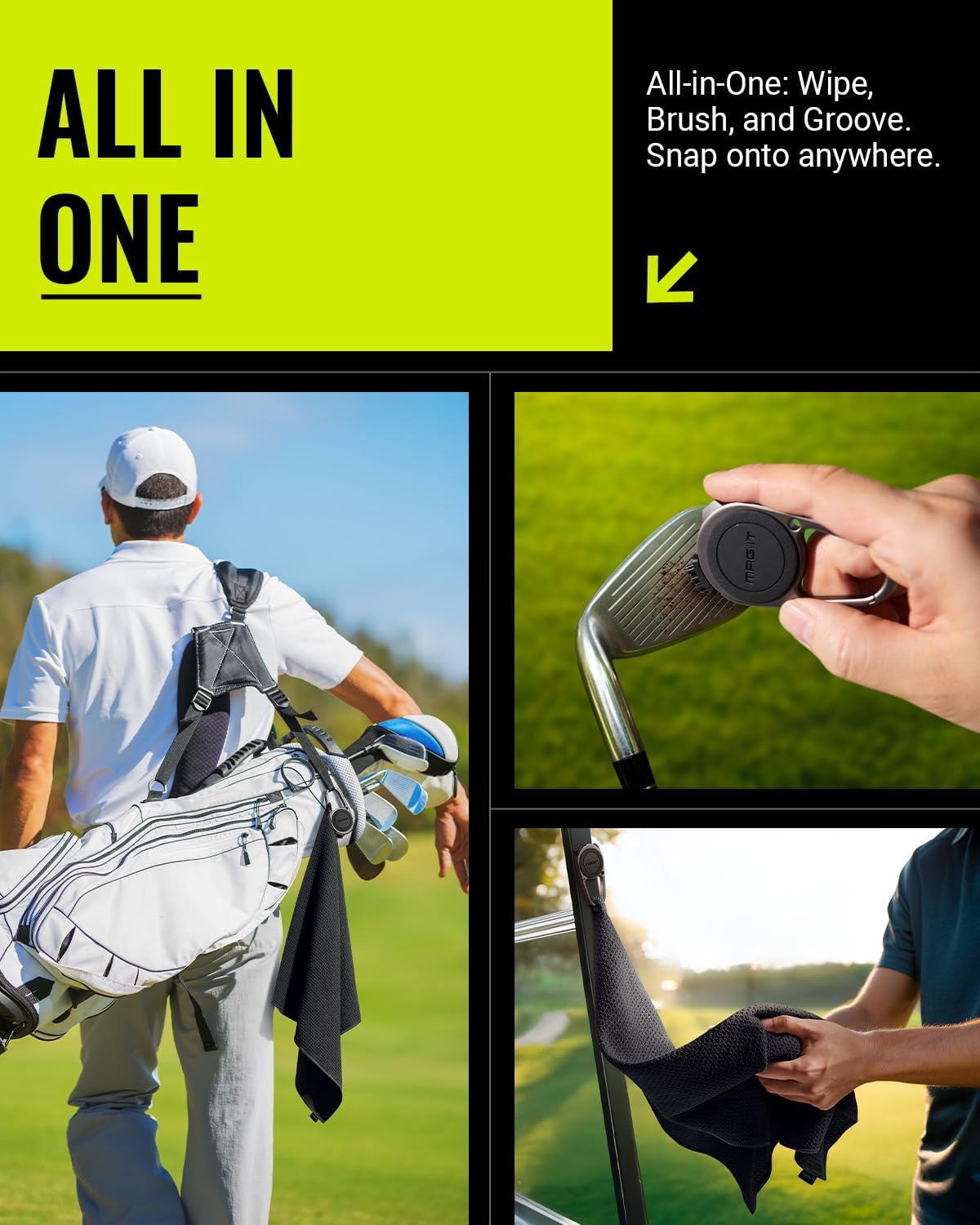 MAG-iT Magnetic Golf Towel with Carabiner | Strong Magnet, Ultra-Absorbent Microfiber, Groove Cleaner for Golf Bags - Black