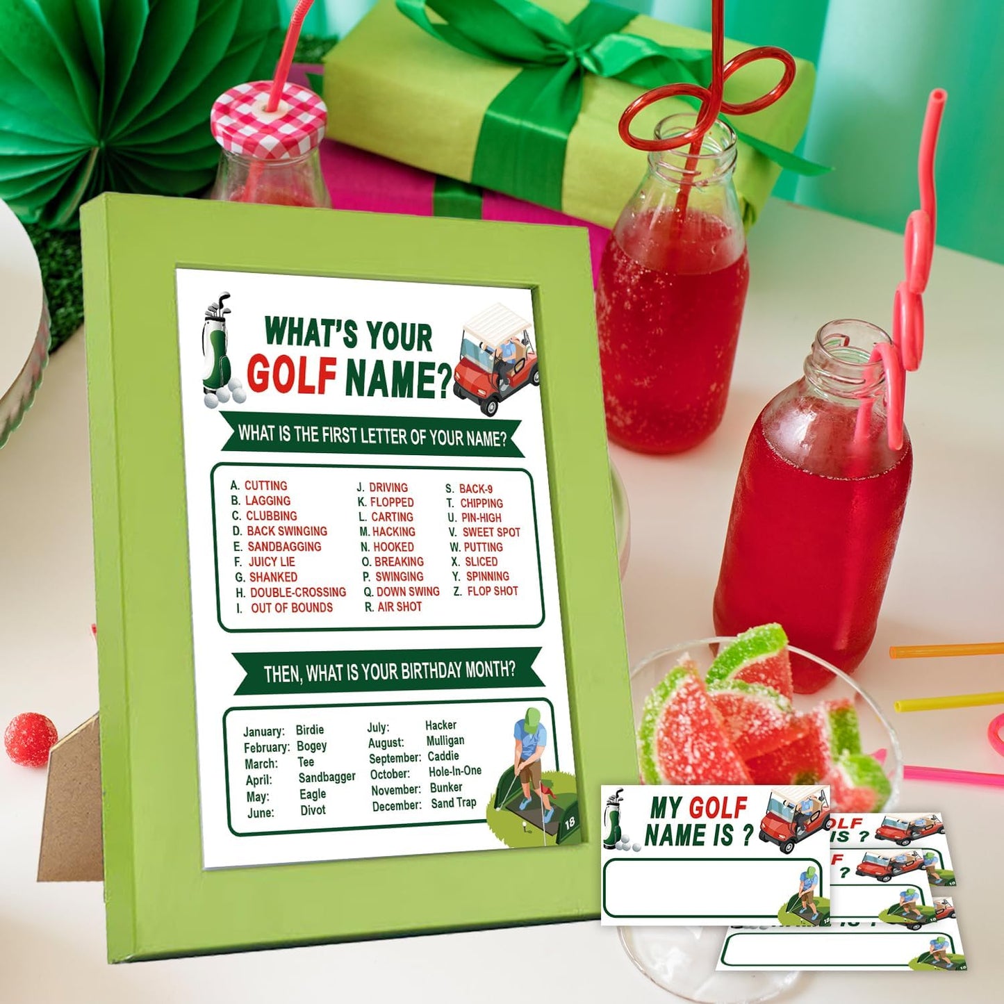 ZAQTS-What's Your Golf Name, Green Frame, 1 Golf Theme Sign, 30 Name Tag Stickers, Golf Birthday Party Game, Icebreakers, Birthday Party Decorations, Family Fun-MZ02