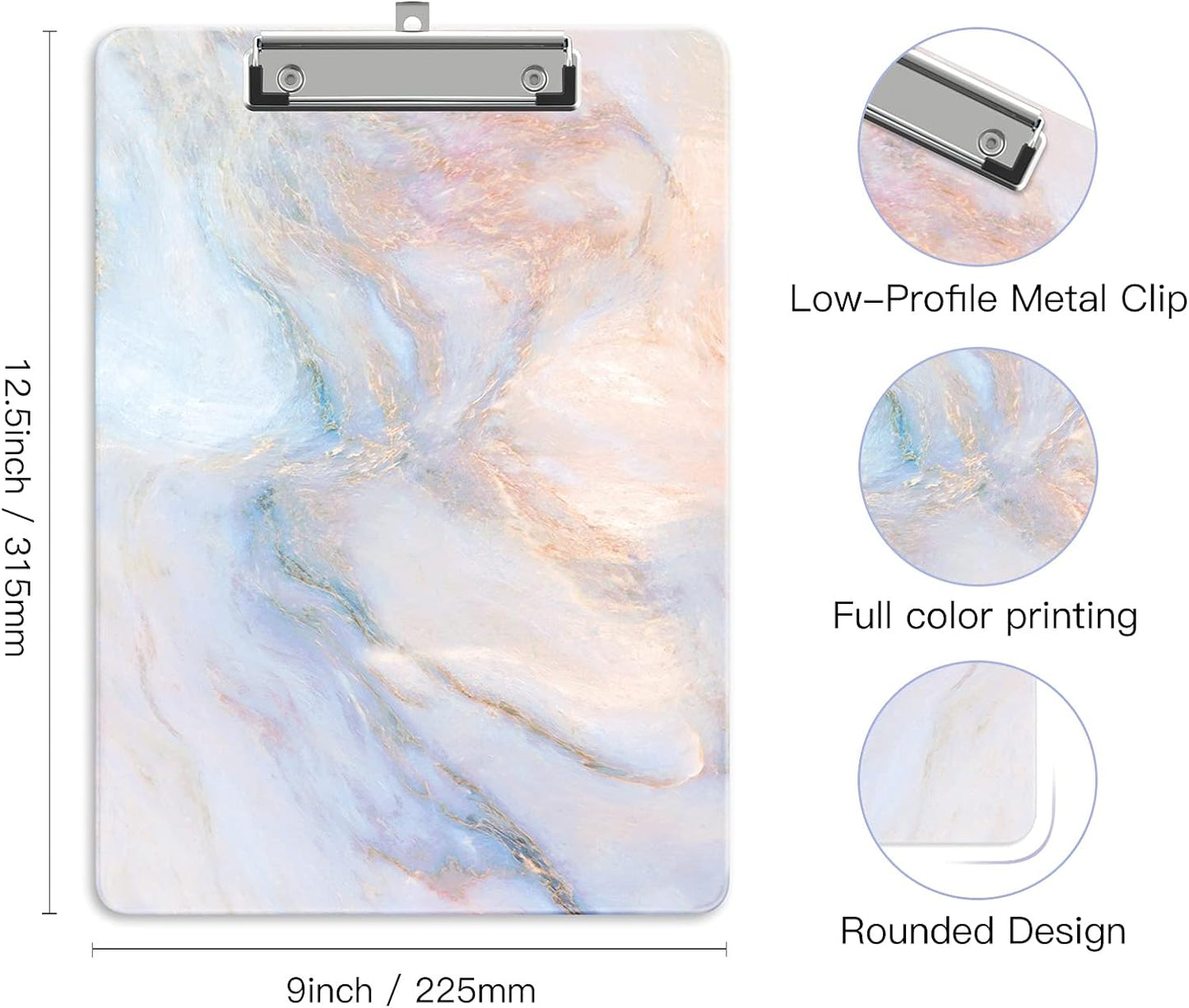 Plastic A4 Clipboards, Cute Clip Board Stardard Letter Size 9 x 12.5 in, Office Decorative for Students Women Men and Kids, Cute Marble