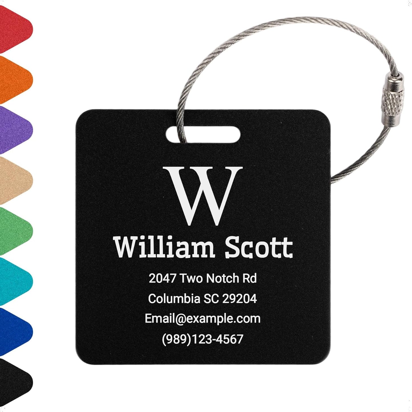 Personalized Luggage Tags for Suitcases Custom Metal Name Tags for Backpacks Bags Travel - Square (Black)