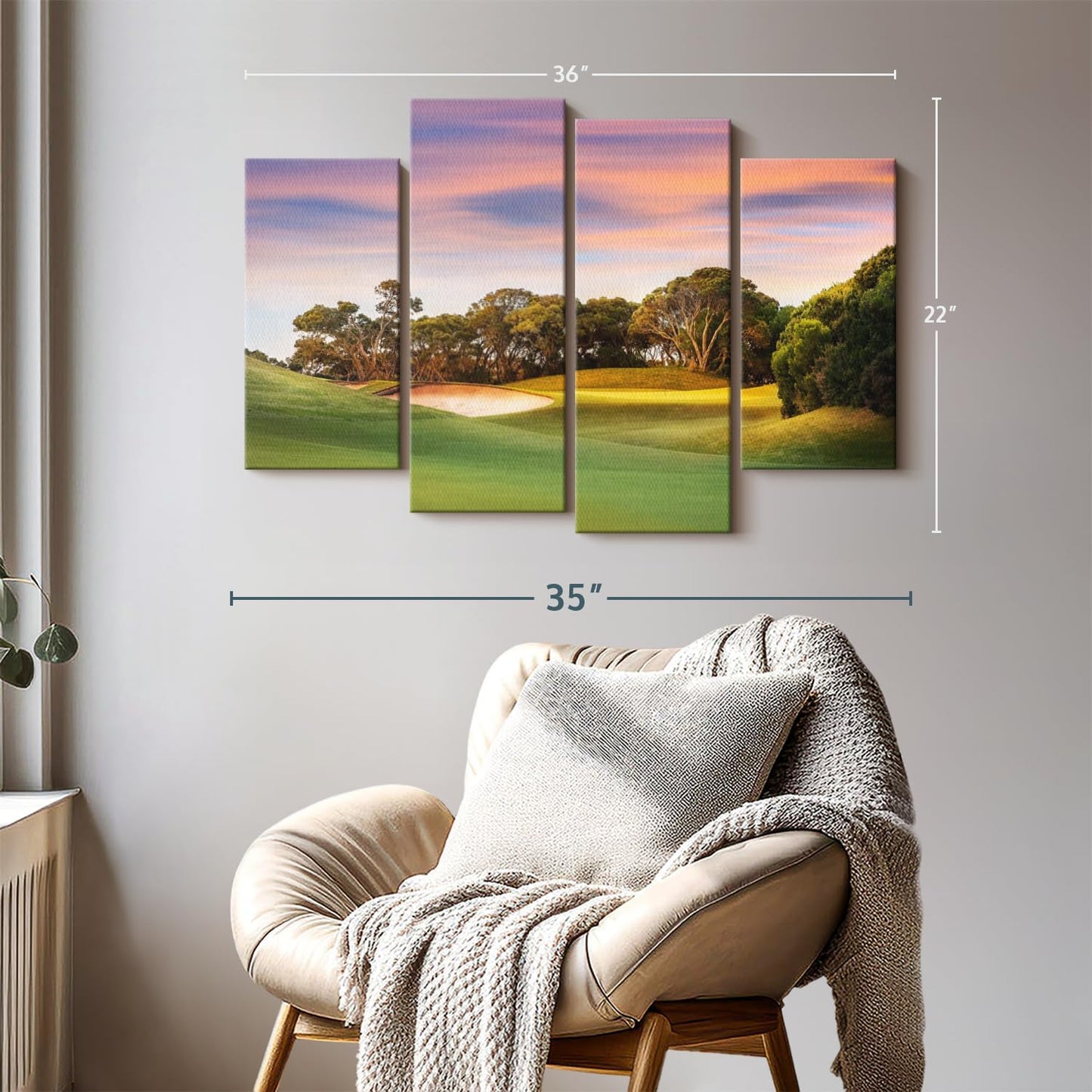 ElephantStock Golf Course Sundown Wall Art - Horizontal Canvas - 4-Piece Living Room Wall Decor - Photography Sports Canvas Print - Orange and Blue Decor for Wall - 36" X 22"