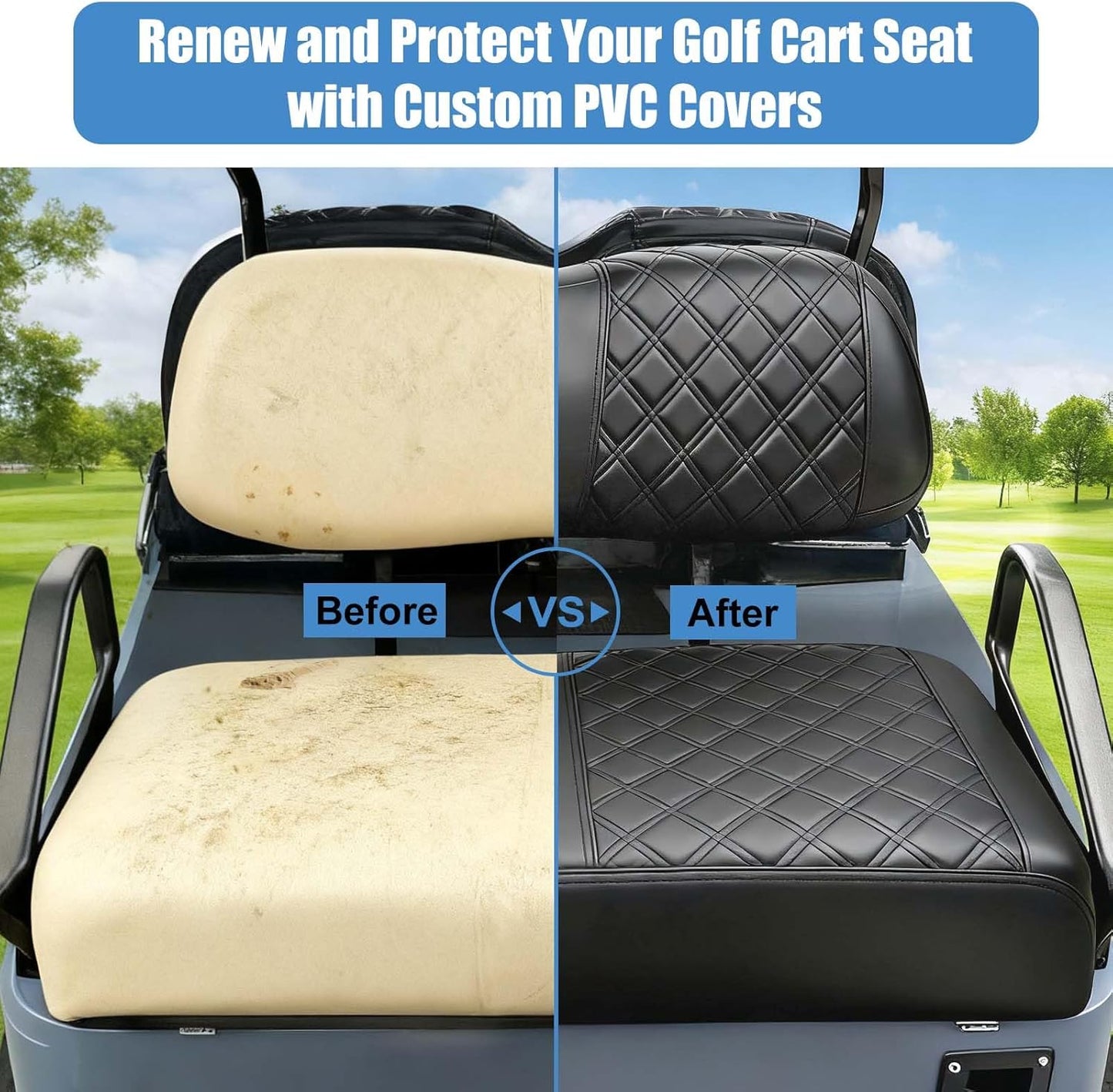 Club Car DS 2000.5-Up Seat Covers, Golf Cart Seat Covers for Club Car DS OEM Ordinary Seat, Front Seat Cover with Concave and Convex Design, Thick Vinyl Leather Comfortable/Breathable