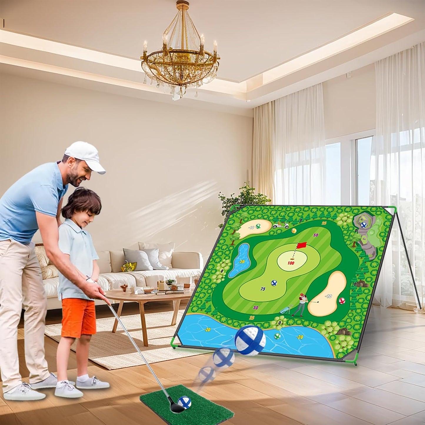 Large Golf Chipping Game, 5.9x5.9 FT Portable Sticky Golf Game for Adults, Outdoor Indoor Golf Chipping Practice with 2 Adjustable Club, 20 Sticky Balls, Carry Bags