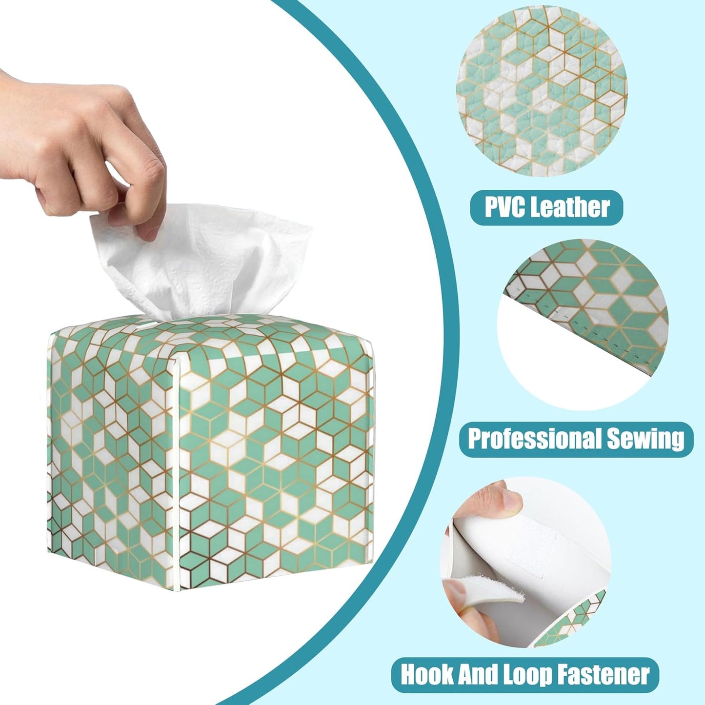 Green Marble Leather Tissue Holder,Golden Geometric Square Tissue Box Cover with Bottom Belt,Modern Decorative Facial Tissue Paper Cover for Bedroom Nightstand Vanity Desk Office,5.2" x 5.2" x 5.2"