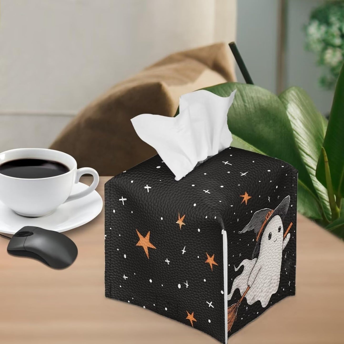 Halloween Black Cute Ghost Tissue Holder Faux Leather Square Tissue Box Covers Soft Folding Easy to Clean Decorative Bathroom Accessory Tissue Box Organizer for Table, Desk, or Countertop