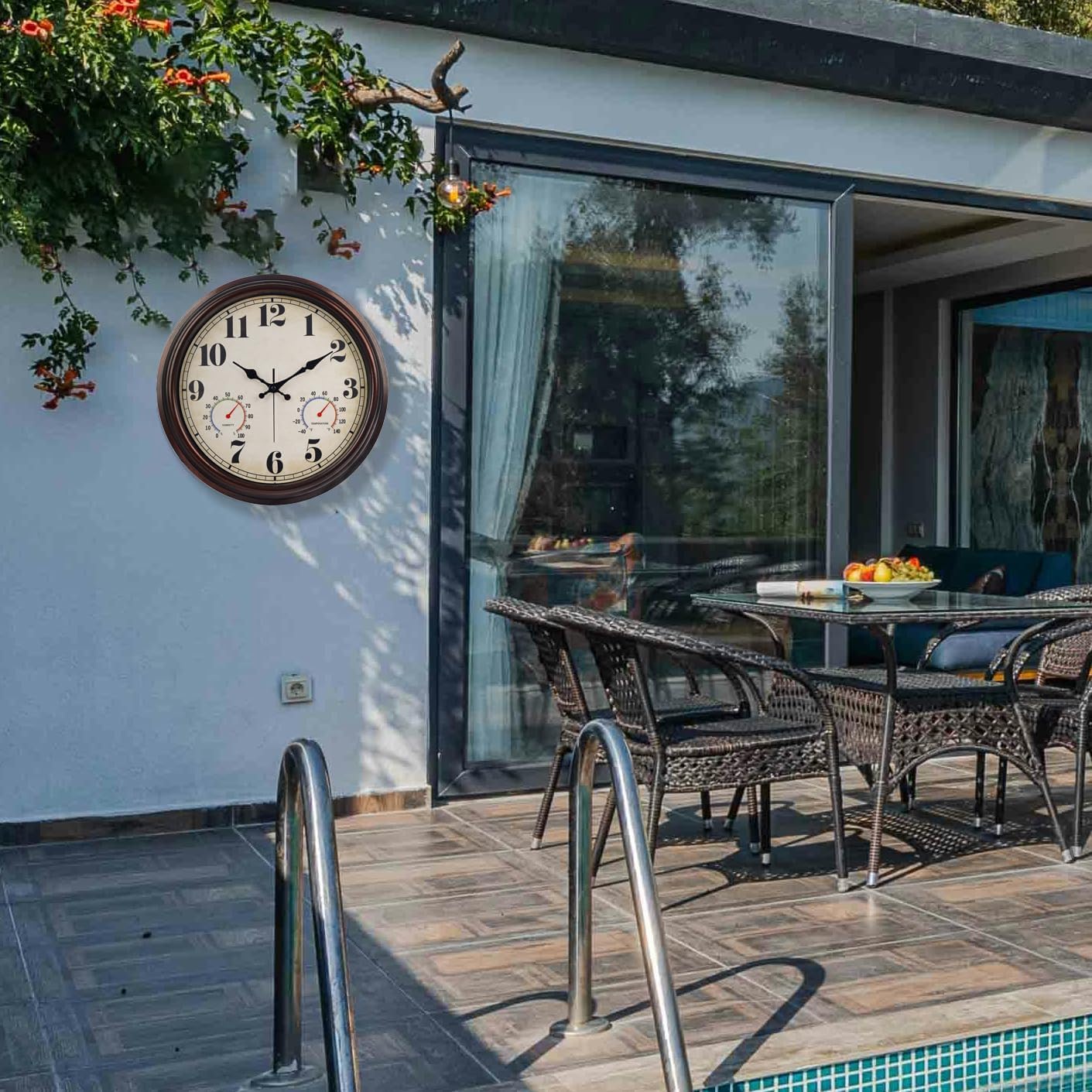 JENLYSTIME 16 Inch Dark Brown Vintage Wall Clock with Thermometer & Hygrometer - Waterproof Decorative Indoor/Outdoor Clock with Large Numerals & Silent Sweep Movement - Ideal for Porch, Garden, Pool