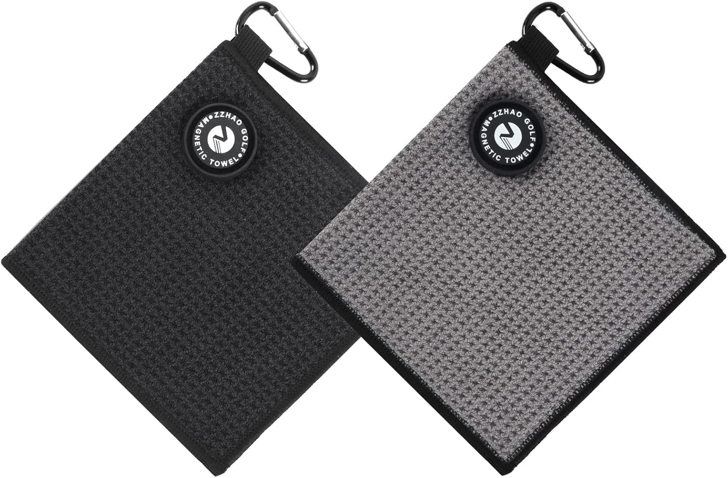 ZZHAO Magnetic Golf Towels,Super Absorbent Microfiber Small Towels with Clip - Industrial Strength Magnet,Lightweight, Scratch-Resistant, 5.5x5.5 In-2Pcs- Black&Gray