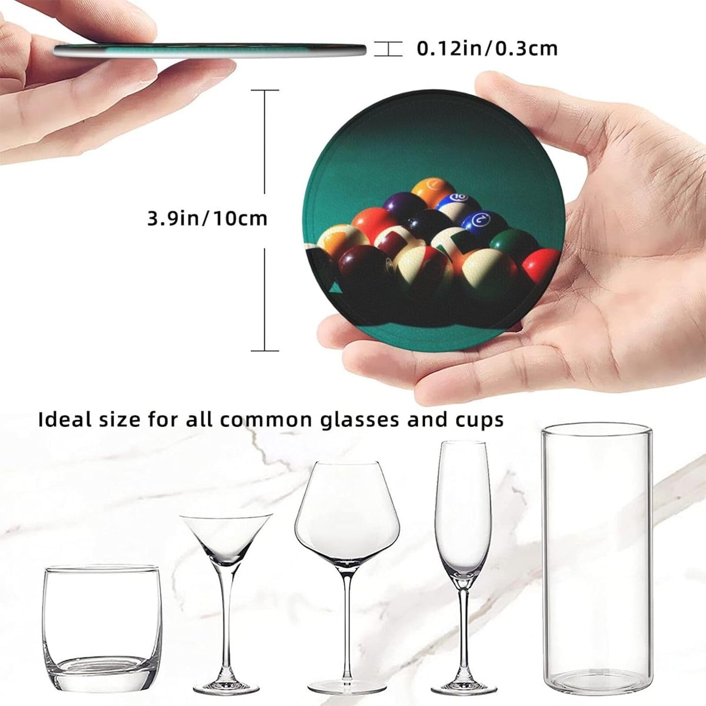 Billiard Ball Cool Coasters for Drinks Round Leather Coaster with Holder Set of 6 for Tabletop Protection Desk Accessories Office Home Room Decor