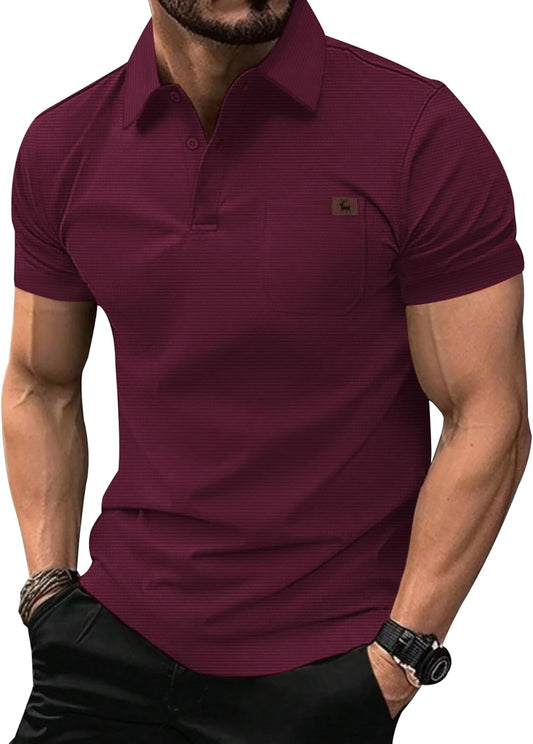 GEEK LIGHTING Mens Waffle Texture Polo Shirts Short Sleeve Casual T-Shirts Moisture Wicking Collared Golf Shirt with Pocket