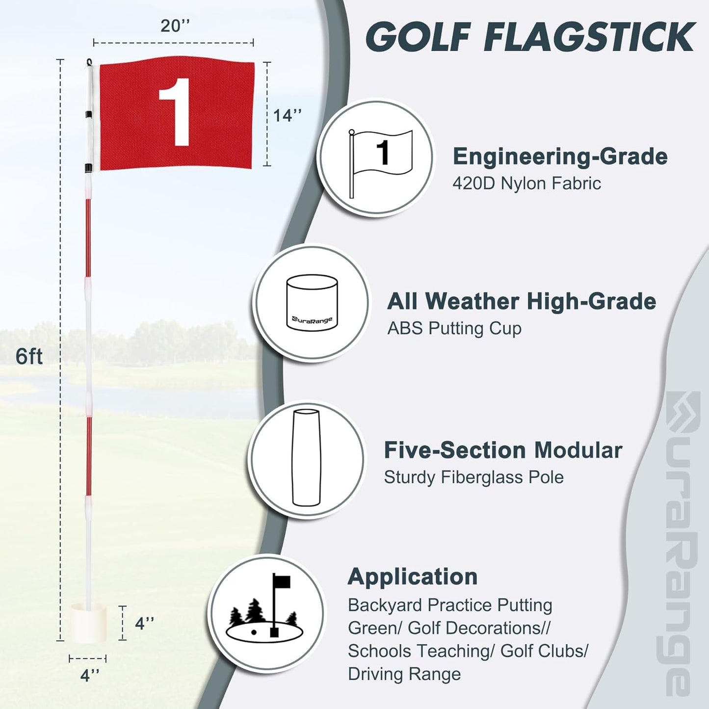 Golf Flagstick 6ft, 5-Section Design, ABS Hole Cup, 420D Nylon Flag for Backyard Practice Putting Green | Driving Range | Country Club, Gift for Golf Lovers