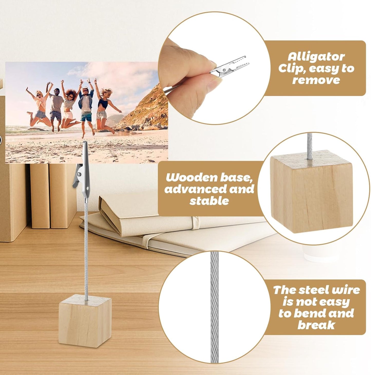 50 Pcs Place Card Holder Cube Photo Clips Holder with Alligator Clip, 4.7 x 1 Inch Table Number Holders Cube Base Memo Clips Holders for Displaying Pictures Number Card Wedding Party (Wood)