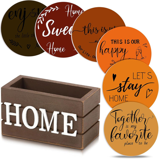 Queekay Housewarming Gifts for Home Decoration Wooden Heart Coasters for Drinks 6 Set Farmhouse Coasters with Holder Funny for Family Coffee Table Protection, 4''(Fall Color)