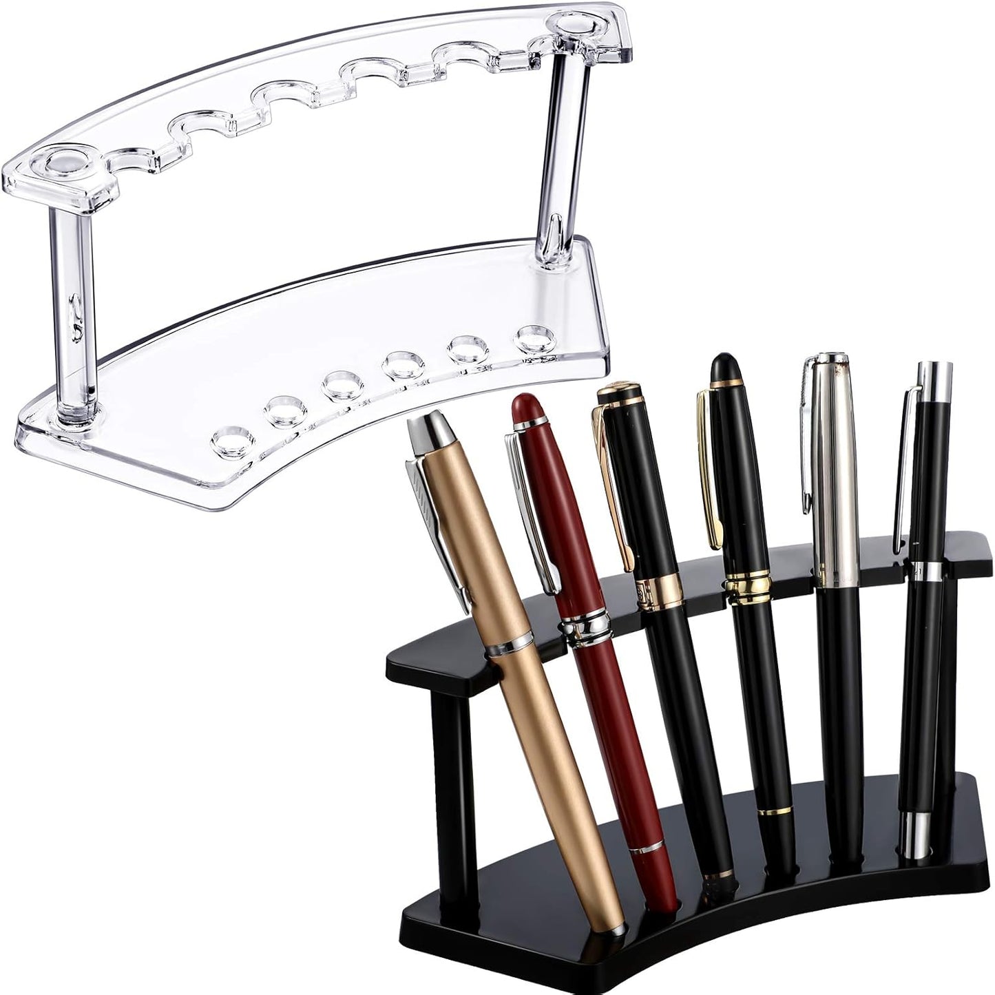 Tinlade 2 Pieces Plastic Pen Holder Stand Display Rack 6-Slot Pen Makeup Brush Rack Organizer Eyebrow Stand for School Office Home Store(Clear,black)