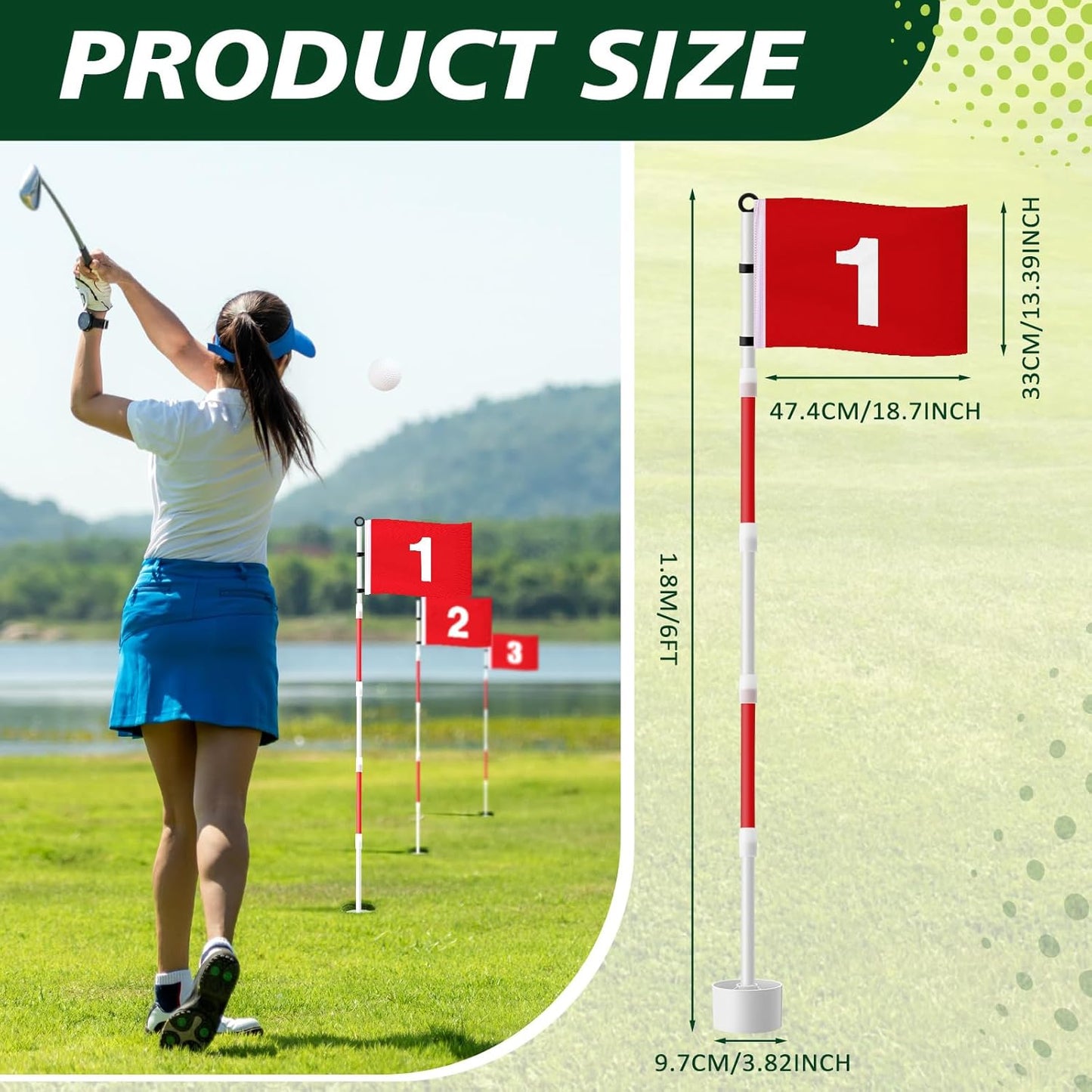 Golf Flagstick 6ft, Golf Pin Flag Hole Cup Set Putting Green Flags and Poles Numbered Golf Flags for Driving Range Backyard, Portable 5 Section Design for Golf Practice, Gift Idea