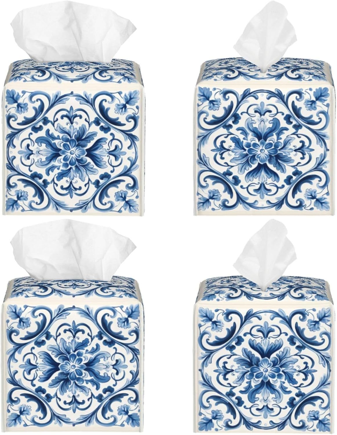 Tissue Box Cover Blue Flower Paisley Square PU Leather Tissue Box Holder for Car Bathroom Bedroom Desk Tabletop Decor