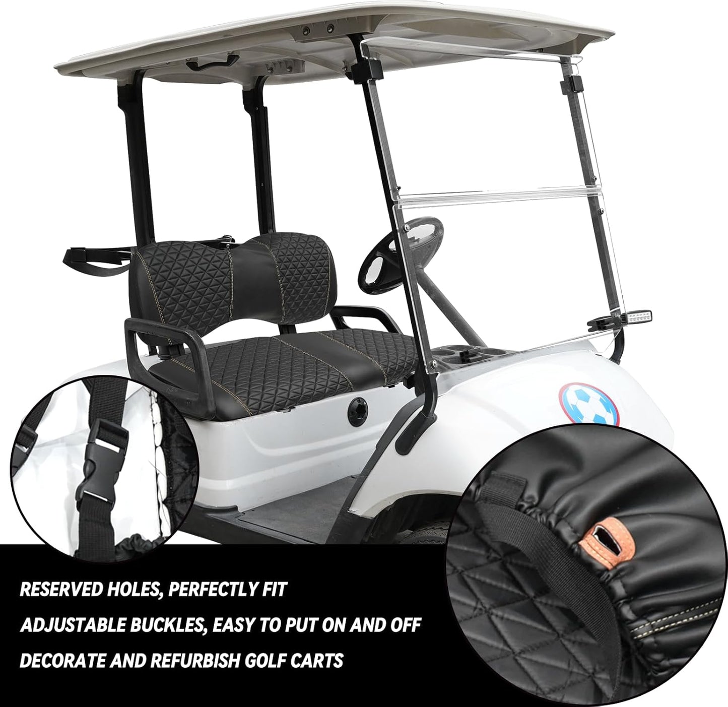 XUANYUDG0769 Golf Cart Front and Rear Seat Covers for EZGO TXT/RXV Club Car DS/Precedent Yamaha G29, Vinyl Leather Made/Adjustable Straps and Retractable Buckle/No Stapler Required,4PCS