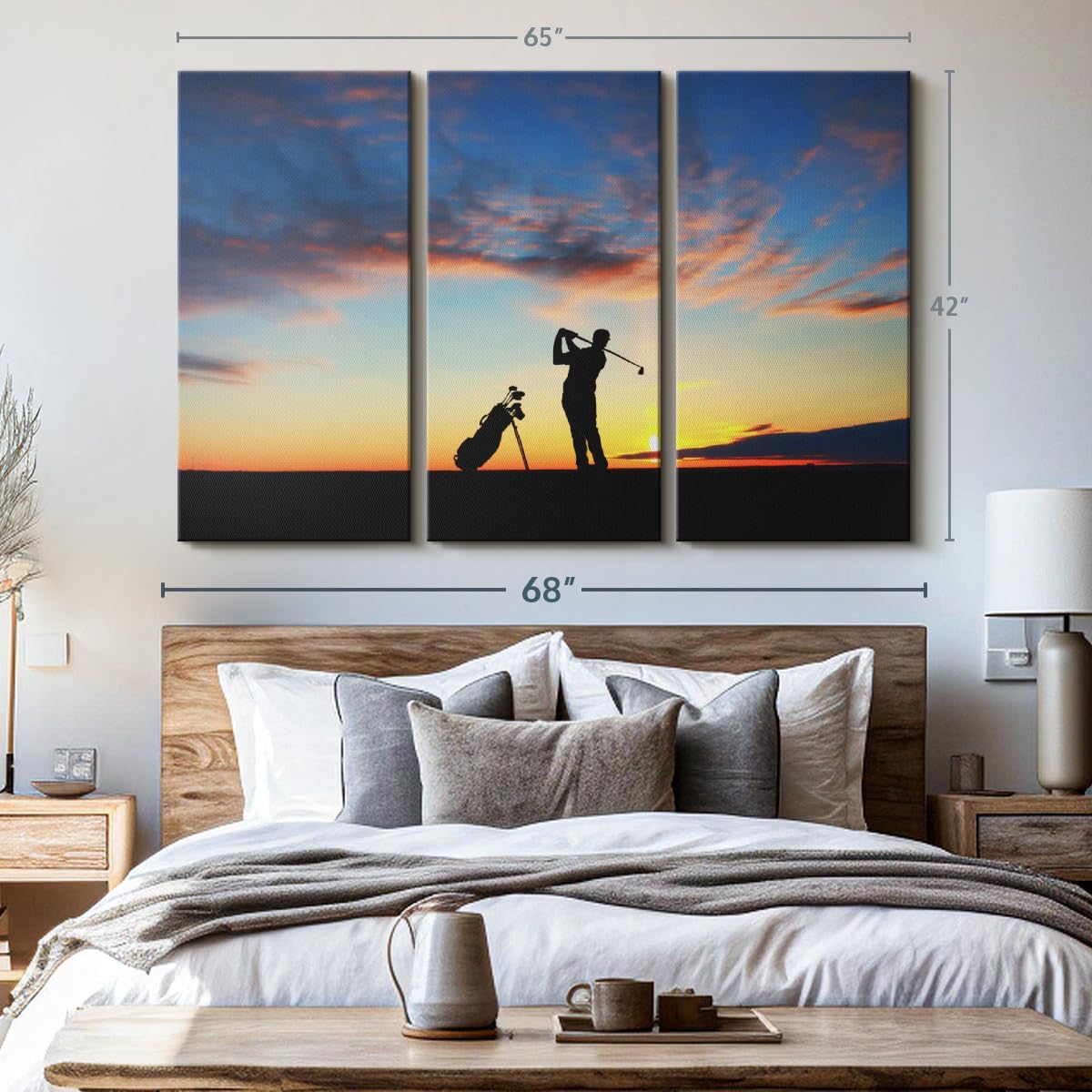 ElephantStock Golfing At Sunset Wall Art - Horizontal Canvas - 3-Piece Living Room Wall Decor - Golf Photography Canvas Print - Black and Orange Decor for Wall - 65" X 42"