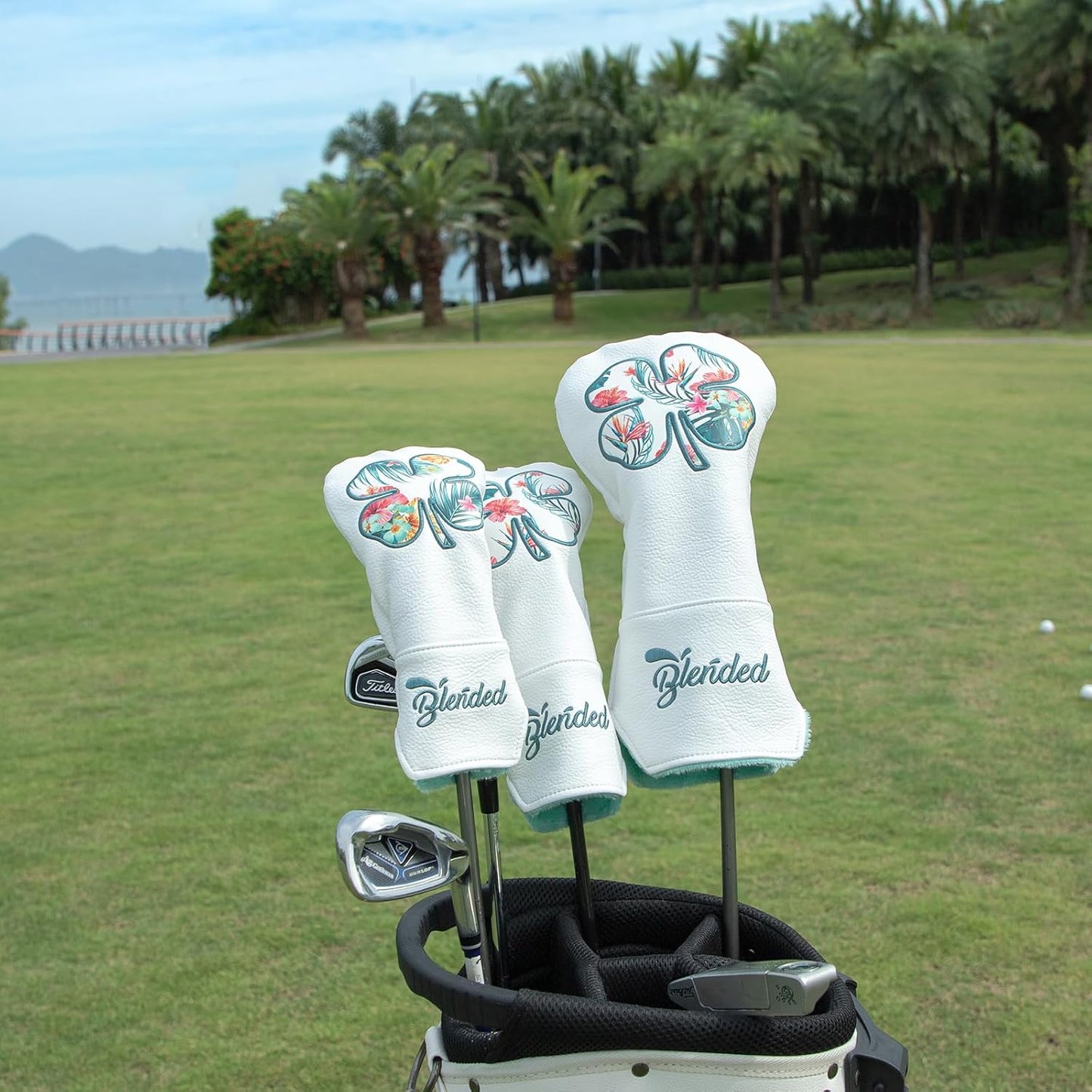 Golf Club Covers White Lucky Clover Golf Head Covers Driver Covers Fariway Wood Headcover Hybrid Covers Leather Golf Headcover with Number Tag for All Brand