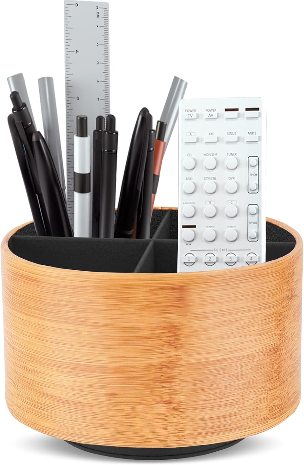 Hennaja Round Leather Art Supply Organizer,Remote Control Holder,360 Degree Spinning,Multi-Functional Pencil Holder,4 Compartments Desktop Stationary Organizer(1-Beige2)