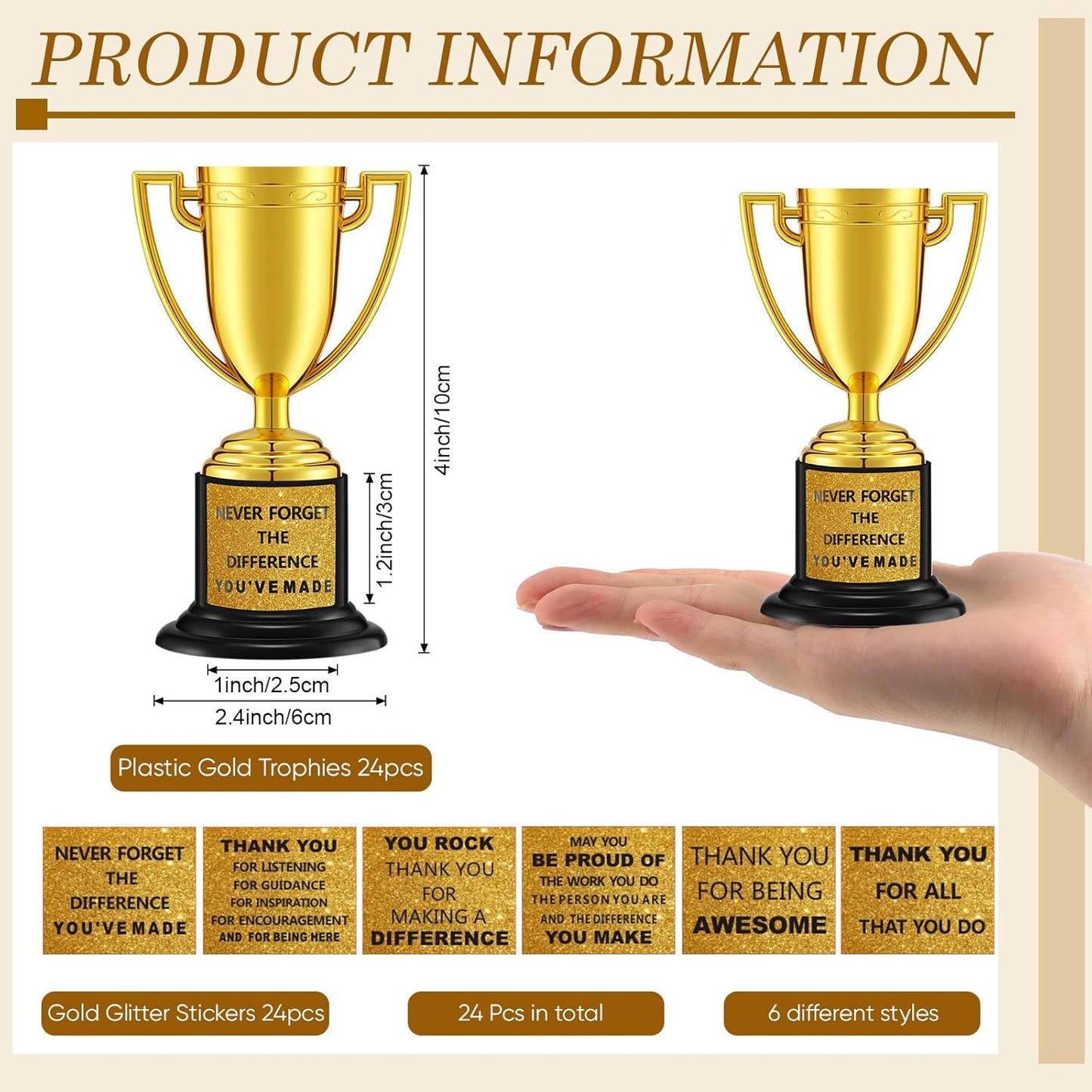 Highergo 24 Pcs Mini Trophies Awards Plastic Gold Trophy Cups Party Favors Adults Metal Trophy with Stickers for School Football Golf Sports Competition Staff Reward Appreciation Gifts