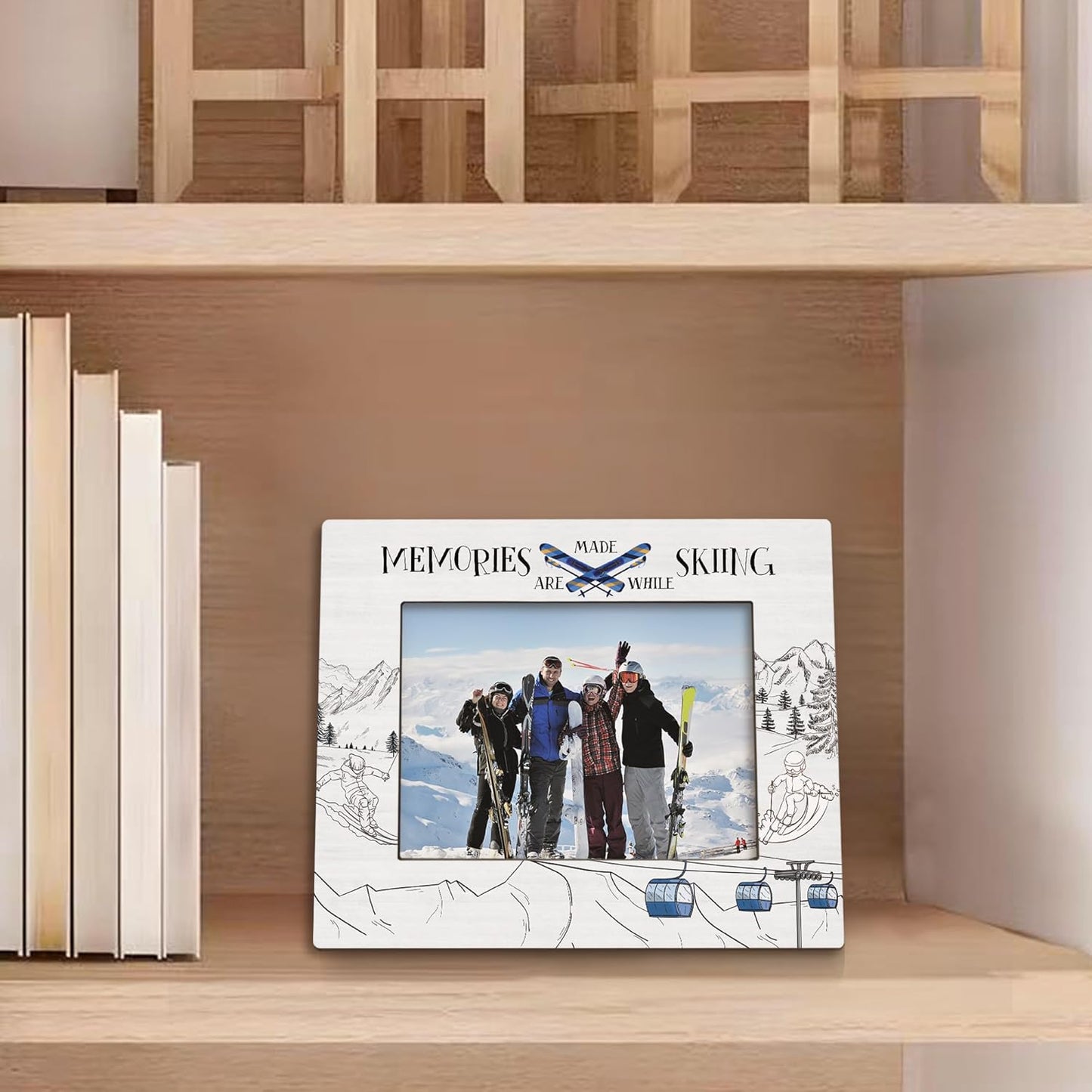 Ski Gifts Picture Frame 5x7, Gifts for Skiers Photo Frame, Ski Lover Gift for Skiers Women Men Friends, Memories are Made While Skiing Wooden Picture Photo Frames for Desk Home Room Decor