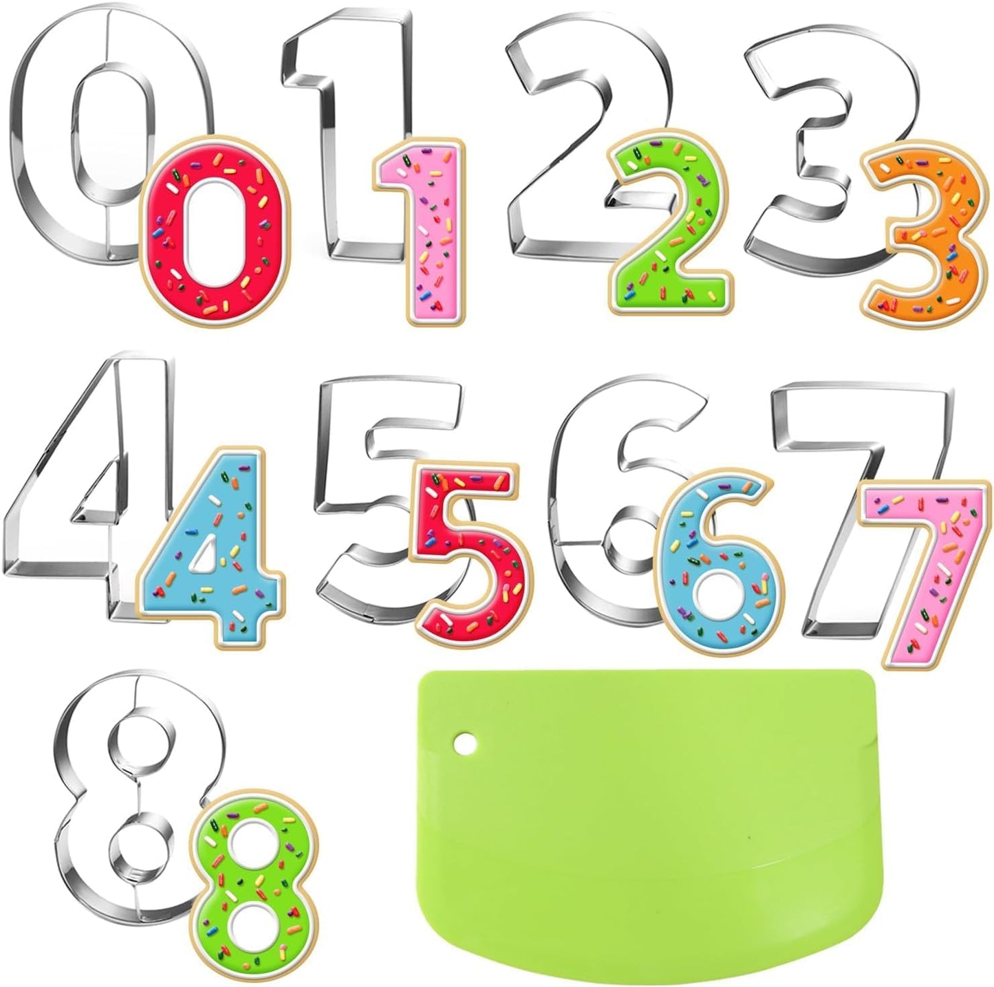Mini Number Cookie Cutter Set with Dough Scraper&Chopper-8 Piece-1.6 Inch-Number 0-8-Birthday Cookie Cutter Shape for Baking-Stainless Steel Kitchen Utensil