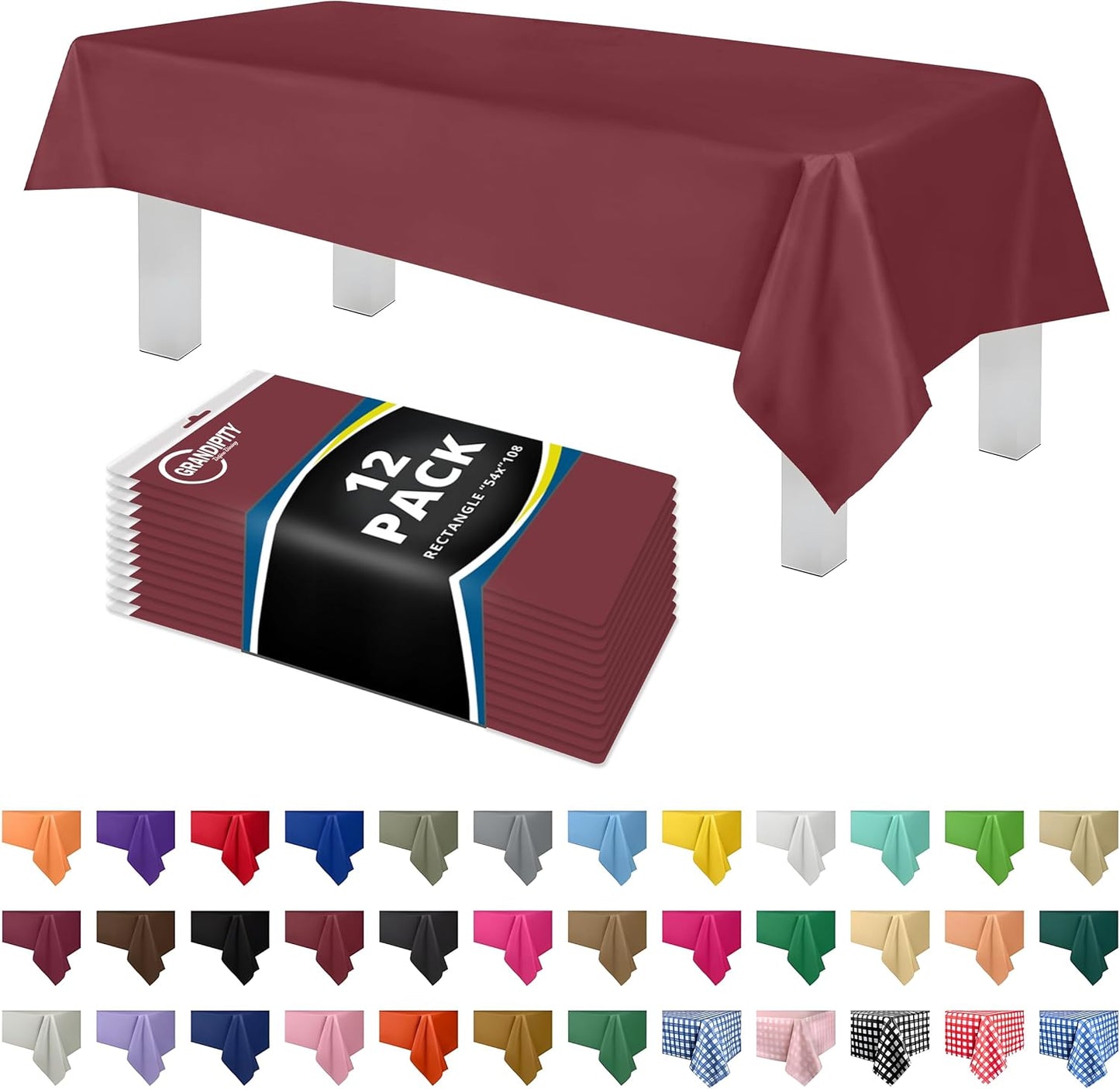 Grandipity 12 Pack Premium Disposable Plastic Tablecloth 54 Inch. x 108 Inch. Decorative Rectangle Table Cover - Burgundy