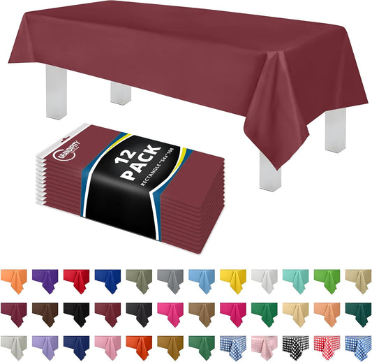 Grandipity 12 Pack Premium Disposable Plastic Tablecloth 54 Inch. x 108 Inch. Decorative Rectangle Table Cover - Burgundy