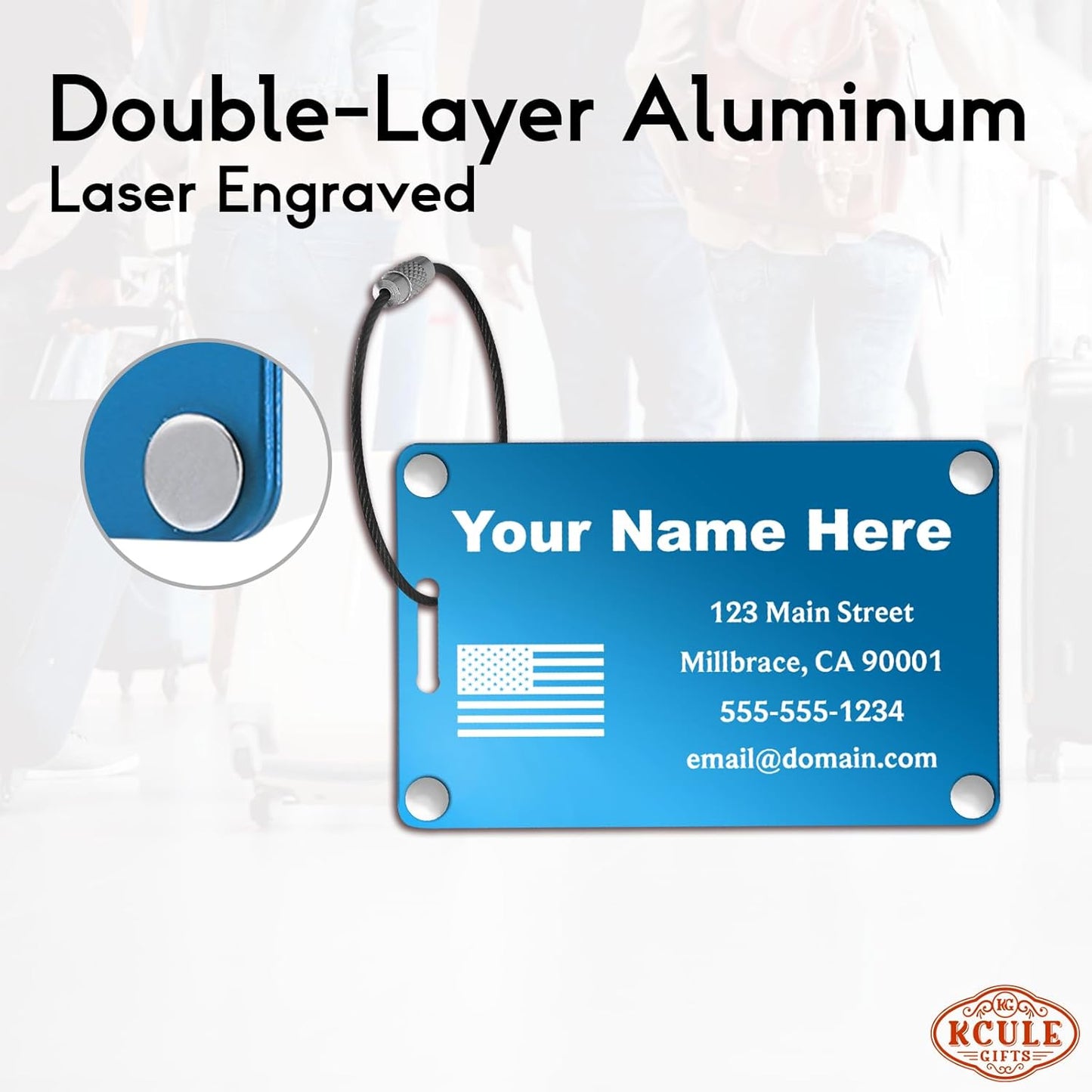 Personalized Luggage Tags: Custom Metal Luggage Tags for Suitcases, Backpacks and Bags with Your Personalized Text (Blue)