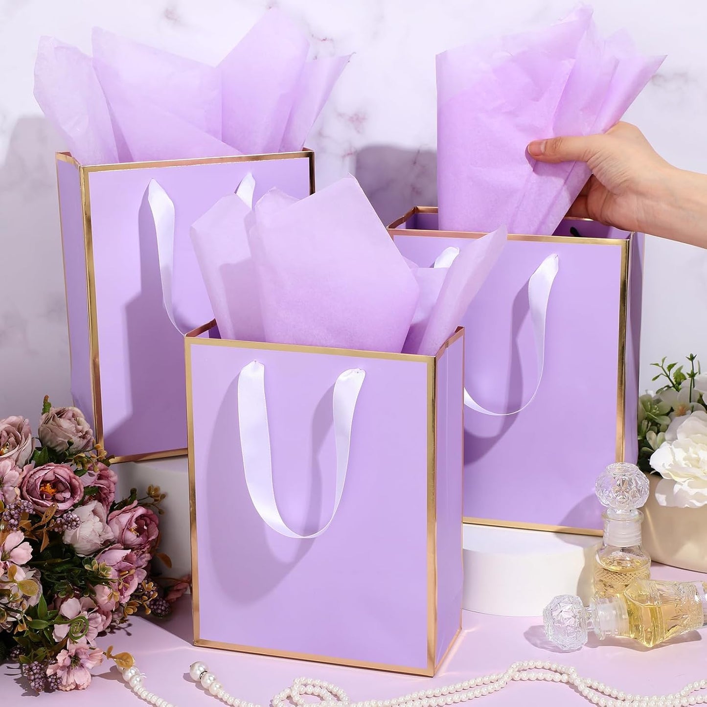 Yeaqee 24 Pack Metallic Paper Gift Bags with Handle and Tissue 9x7x3.1 Gold Foil Welcome Favor Bags Return Gifts for Wedding Fall 5 Senses Christmas Bridesmaid Birthday(Lavender, Gold)