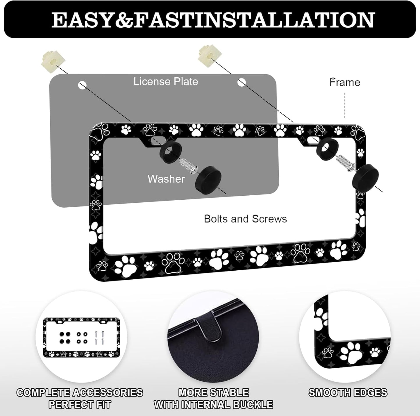 Dog Paw Print License Plate Frames - 2 Pack Front Rear Cute Dog Paw License Plates Holder Covers, Aluminum Metal Rust-Proof Waterproof Car Tag Frame with Screws Fasteners Caps