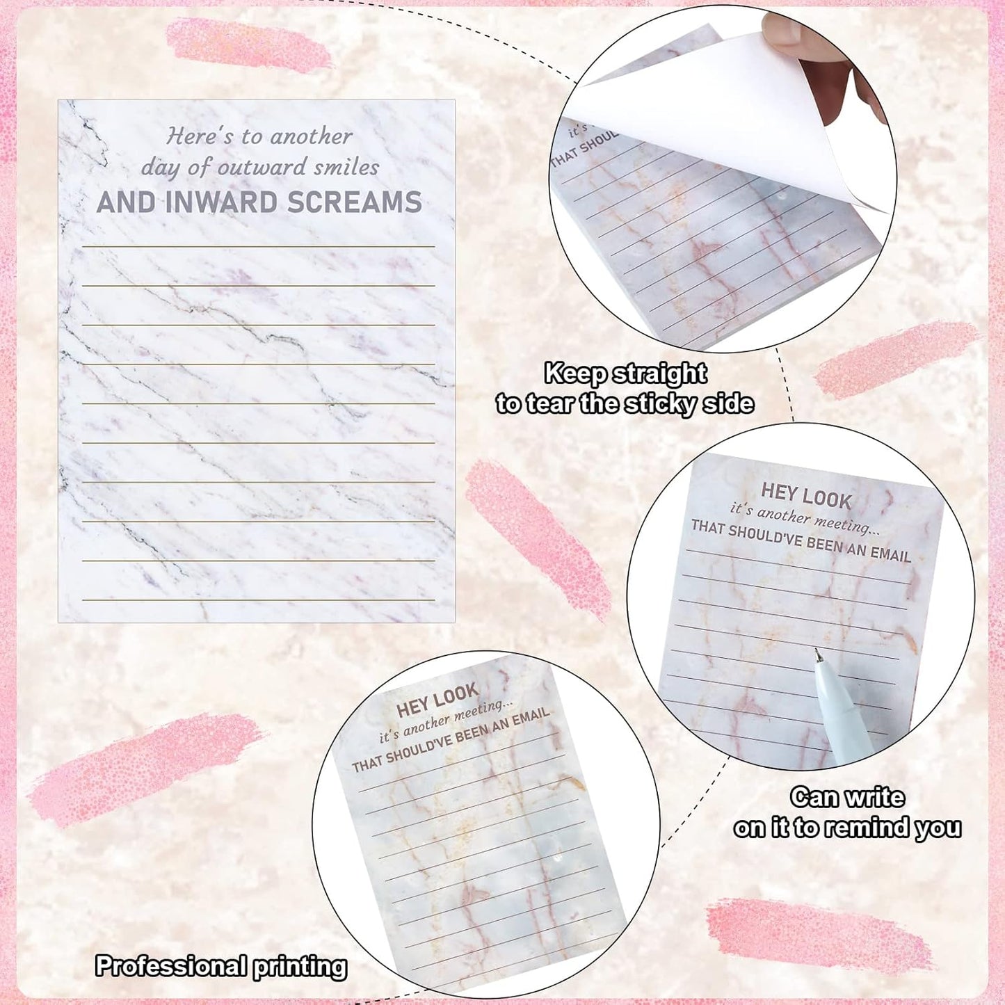 Funny Notepads with Sayings Sticky Funny Office Supplies to Do List Sarcastic Work Assorted Notepad for Workers, 12 Designs, 3 x 3.93 Inch(Marble Style)