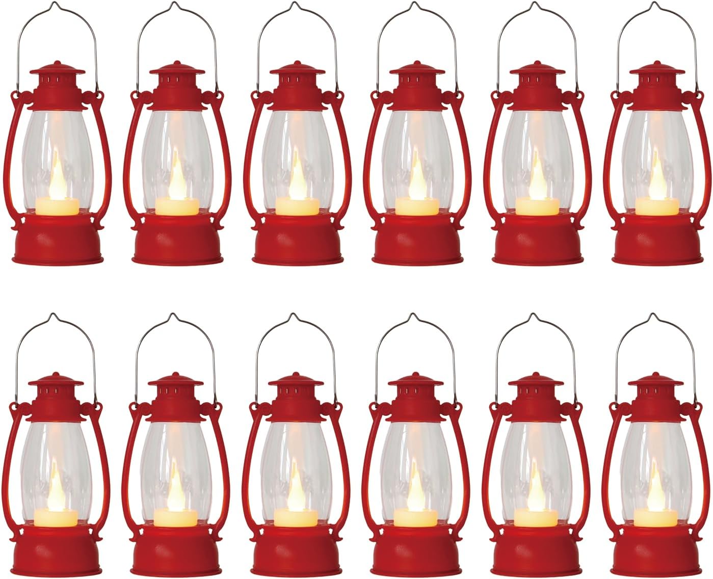 12Pcs Red Mini Lanterns for Centerpiece – Vintage Lantern Decor for Christmas, Halloween, Weddings & Western Party – Hanging Ornaments Bulk with Flicker LED Candle for Cowgirl, Camping Decor