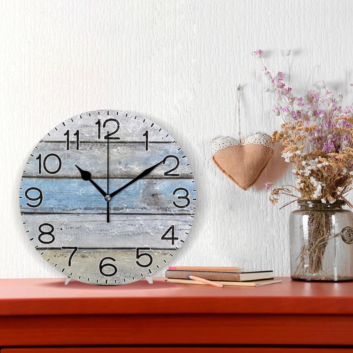 White and Blue Wood Texture Wall Clock Battery Operated Non Ticking Silent Quartz Analog Rustic Farmhouse Round Clock Retro Decor for Home Kitchen Living Room Bathroom