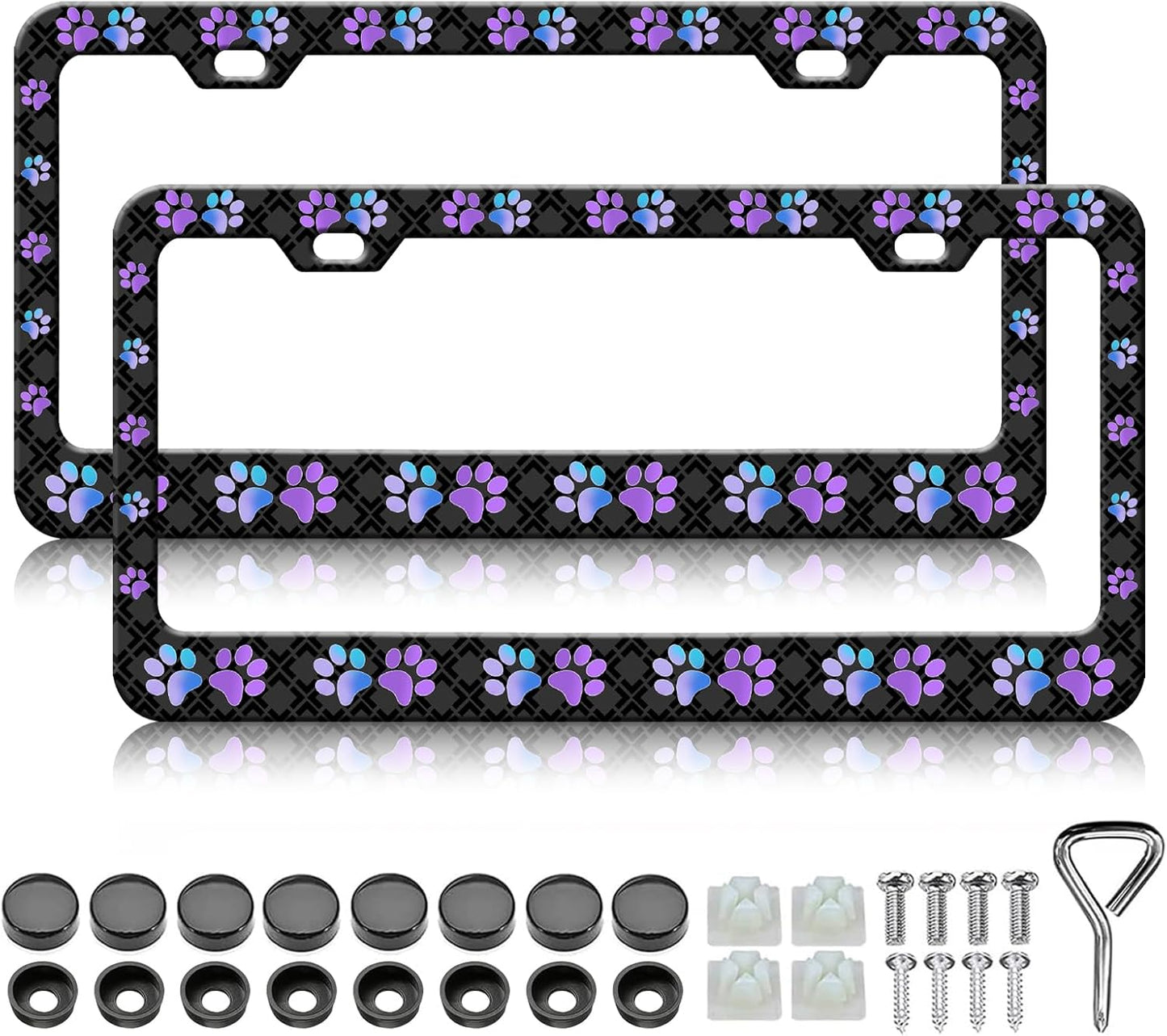 Purple Dog Paw Print License Plate Frames for Women- 2 Pack Front Rear Cute License Plates Holder Covers, Aluminum Metal Rust-Proof Waterproof Car Tag Frame with Screws Fasteners Caps