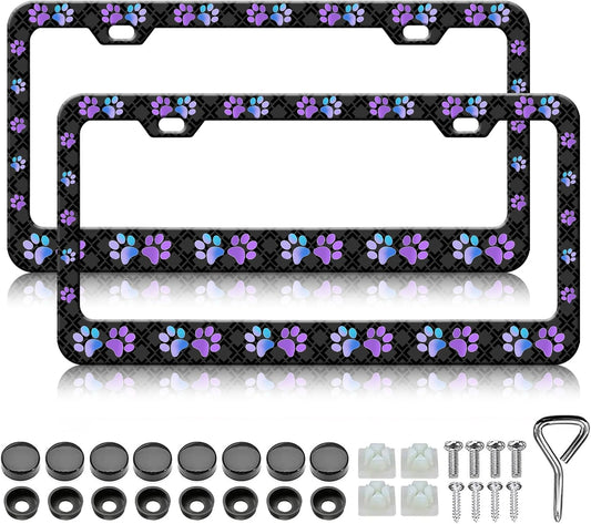 Purple Dog Paw Print License Plate Frames for Women- 2 Pack Front Rear Cute License Plates Holder Covers, Aluminum Metal Rust-Proof Waterproof Car Tag Frame with Screws Fasteners Caps