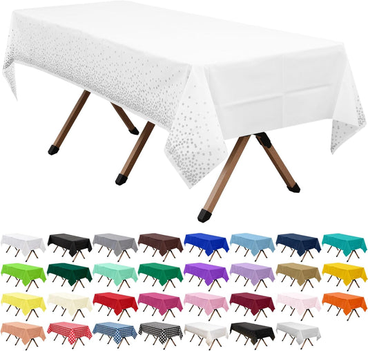 2 Pack Silver Polka Dots White Premium Plastic Tablecloth Rectangle 54 x 108 Inches Reusable Silver Spot Decorative White Table Cover for Dining, Wedding, Party, Indoor and Outdoor use