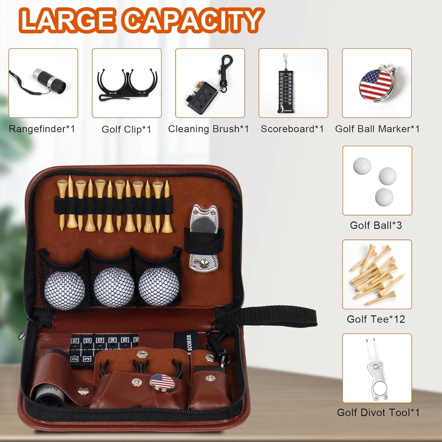 Golf Accessories Kit, Golf Stuff Set with Leather Case, Golf Balls, Golf Tees, Golf Brushes, Rangefinder, Scorer, Ball Marker, Golf Clips, Golf Divot Tool, Golf Gifts for Men Women Golfers