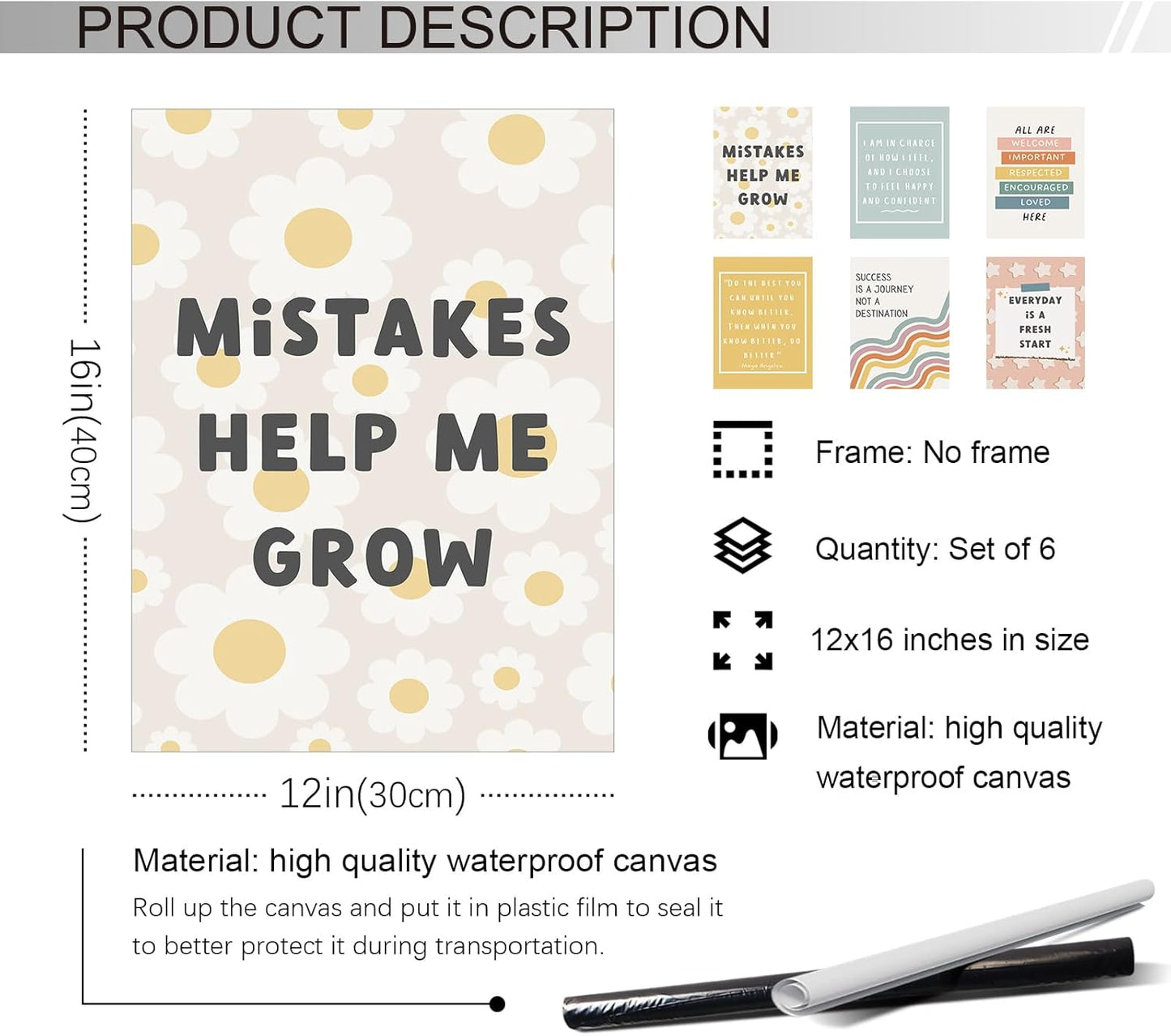 Set of 6 Boho Inspirational Classroom Posters, Positive Affirmations Growth Mindset Canvas Wall Art, Modern Classroom School Posters Wall Decor, Bulletin Board Educational Decor 12x16in Unframed