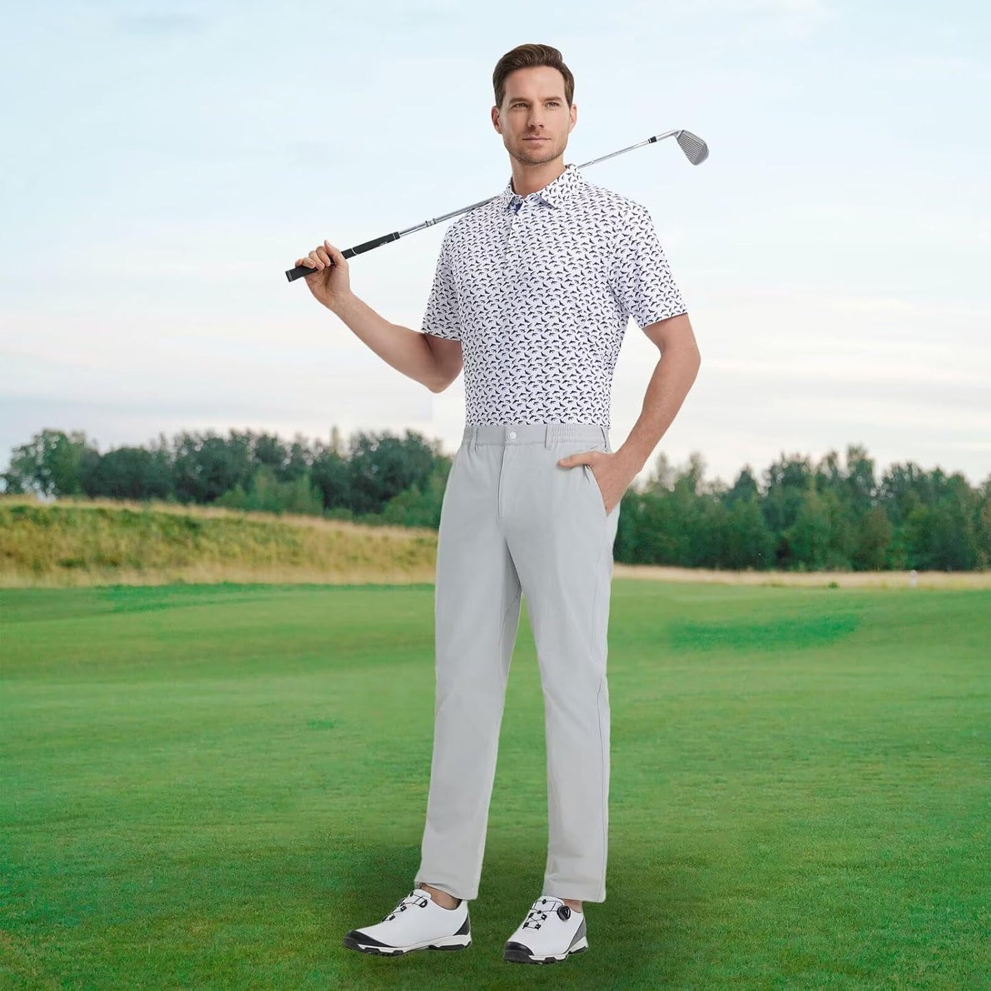 M MAELREG Mens Golf Shirt Short Sleeve Dry Fit Print Moisture Wicking Performance Patterns Collared Polo Shirt