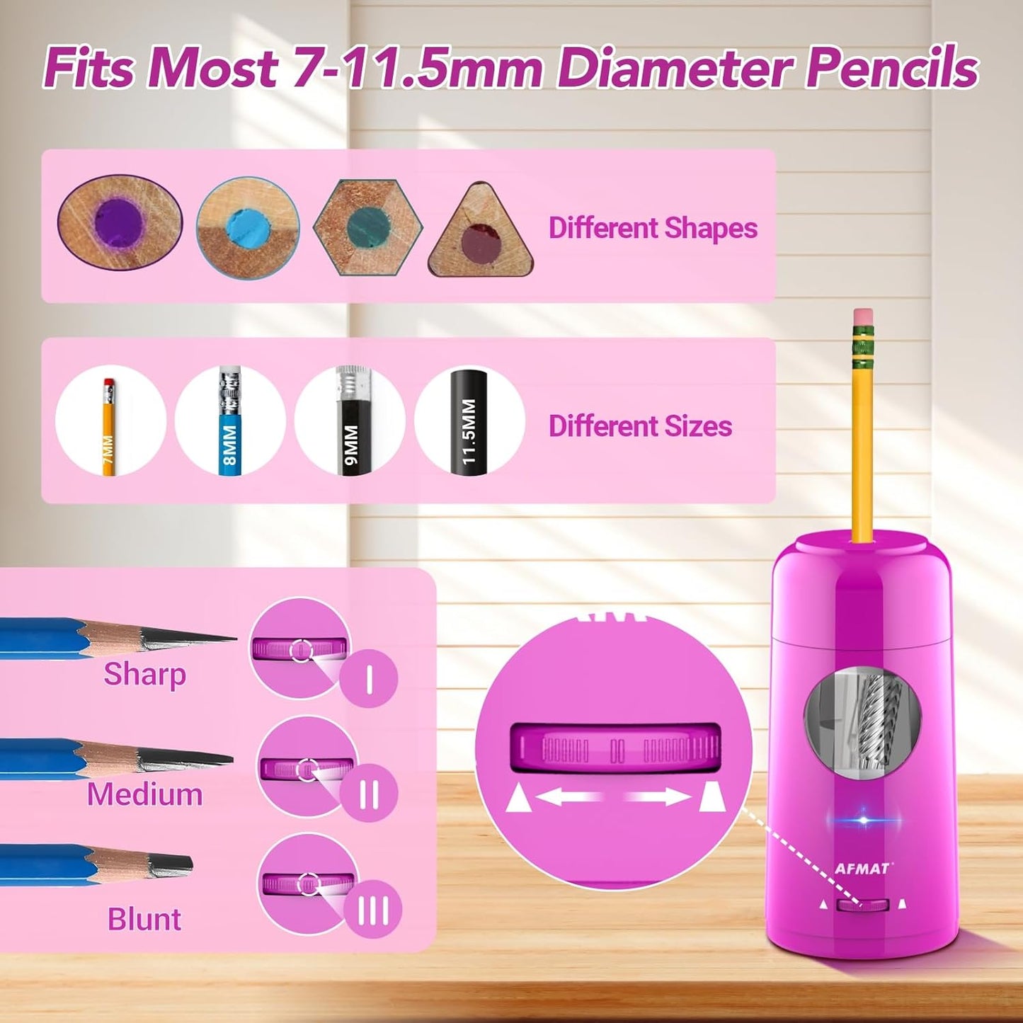 AFMAT Electric Pencil Sharpener, Rechargeable Fully Automatic Pencil Sharpener for Jumbo & Colored Pencils (7-11.5mm), Auto in/Out, Hands-Free, Portable for Home/Classroom/Office PSX6(Purple)