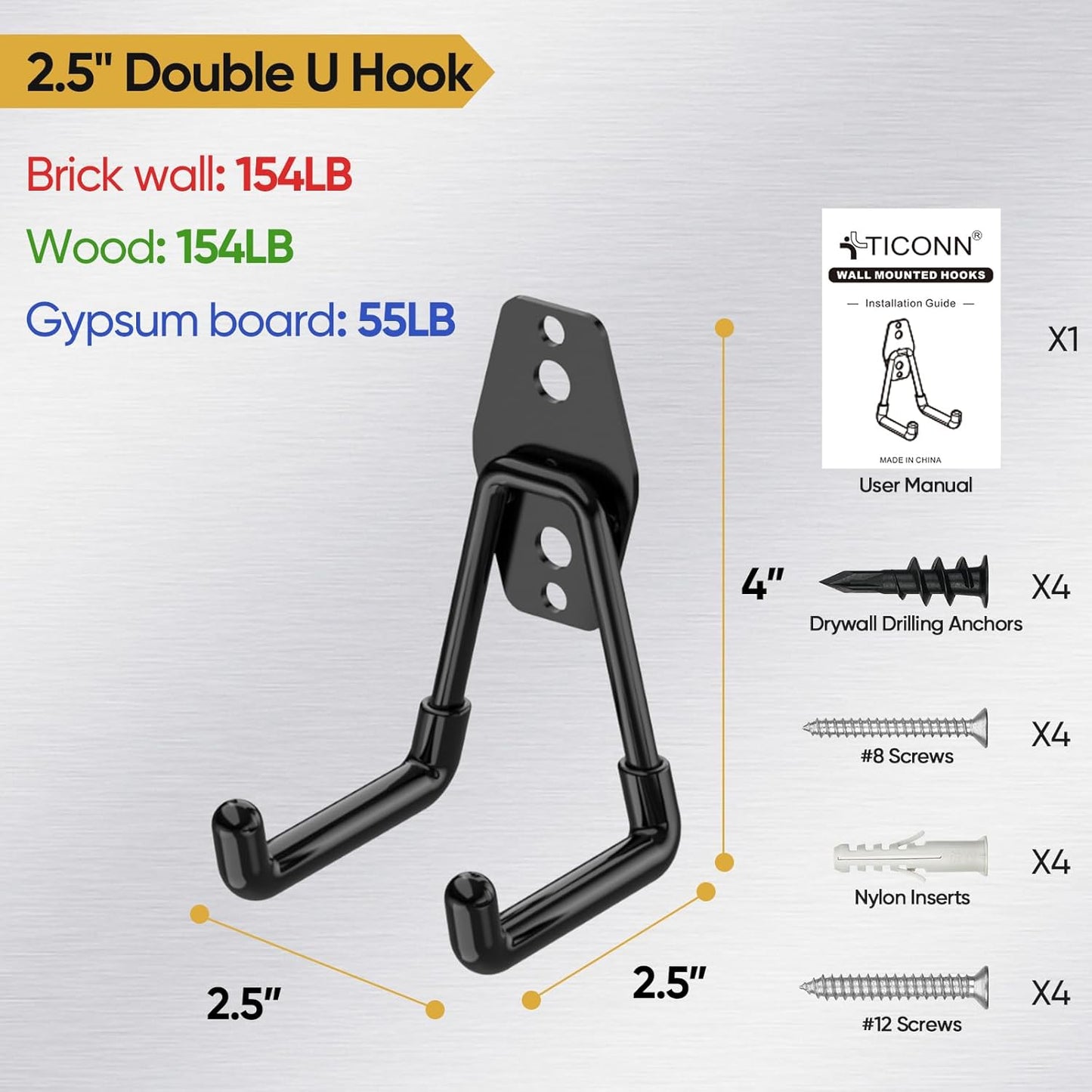 TICONN 2 Pack Heavy Duty Garage Hooks, Steel Utility Wall Storage Hooks, Wall Mount Hanger Organizer for Ladders, Bikes, Tools, Bulky Items (Small, Yellow Square)